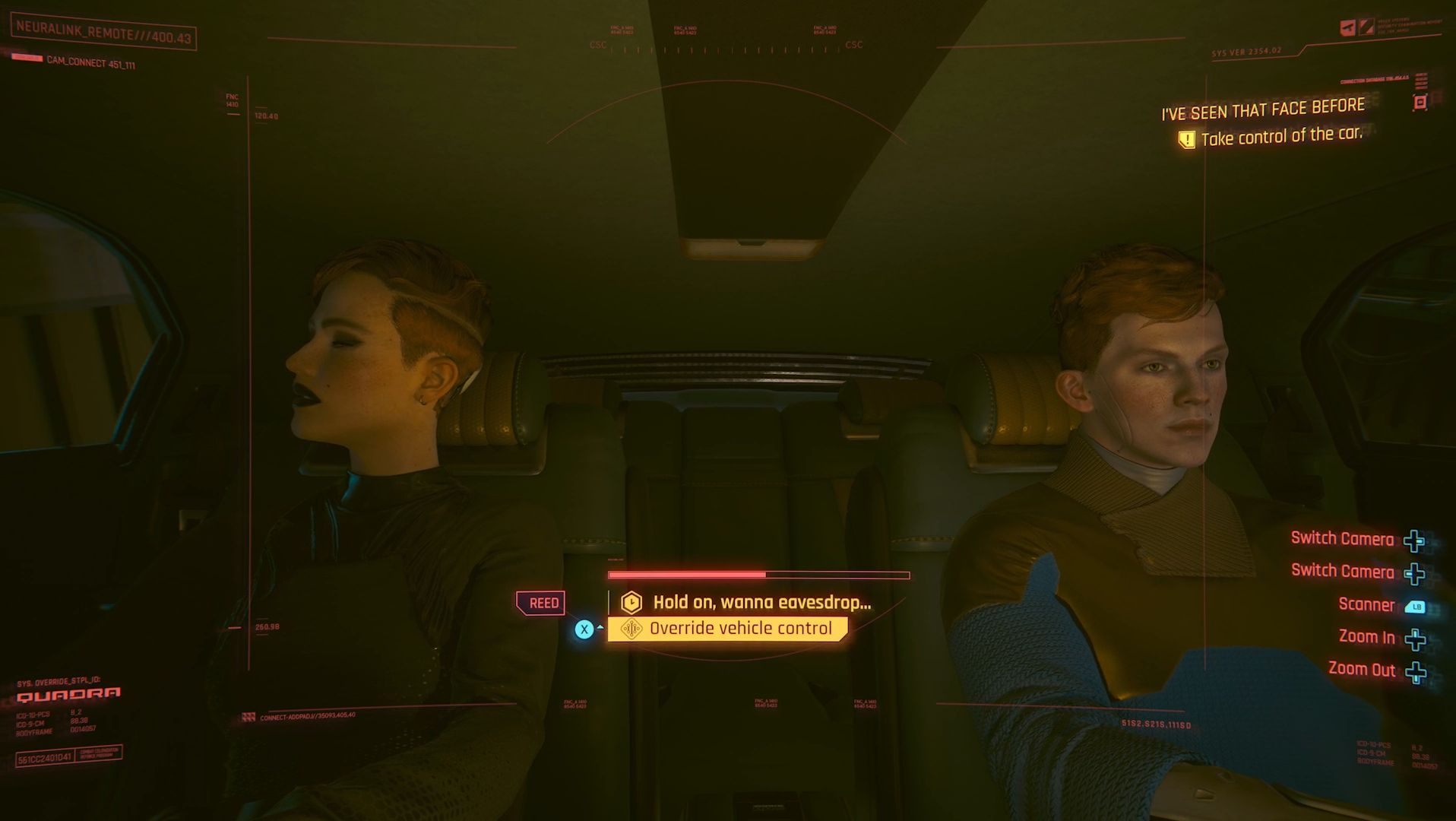 Cyberpunk 2077 Phantom Liberty Screenshot Of Override Vehicle Control Option When Looking At Twins