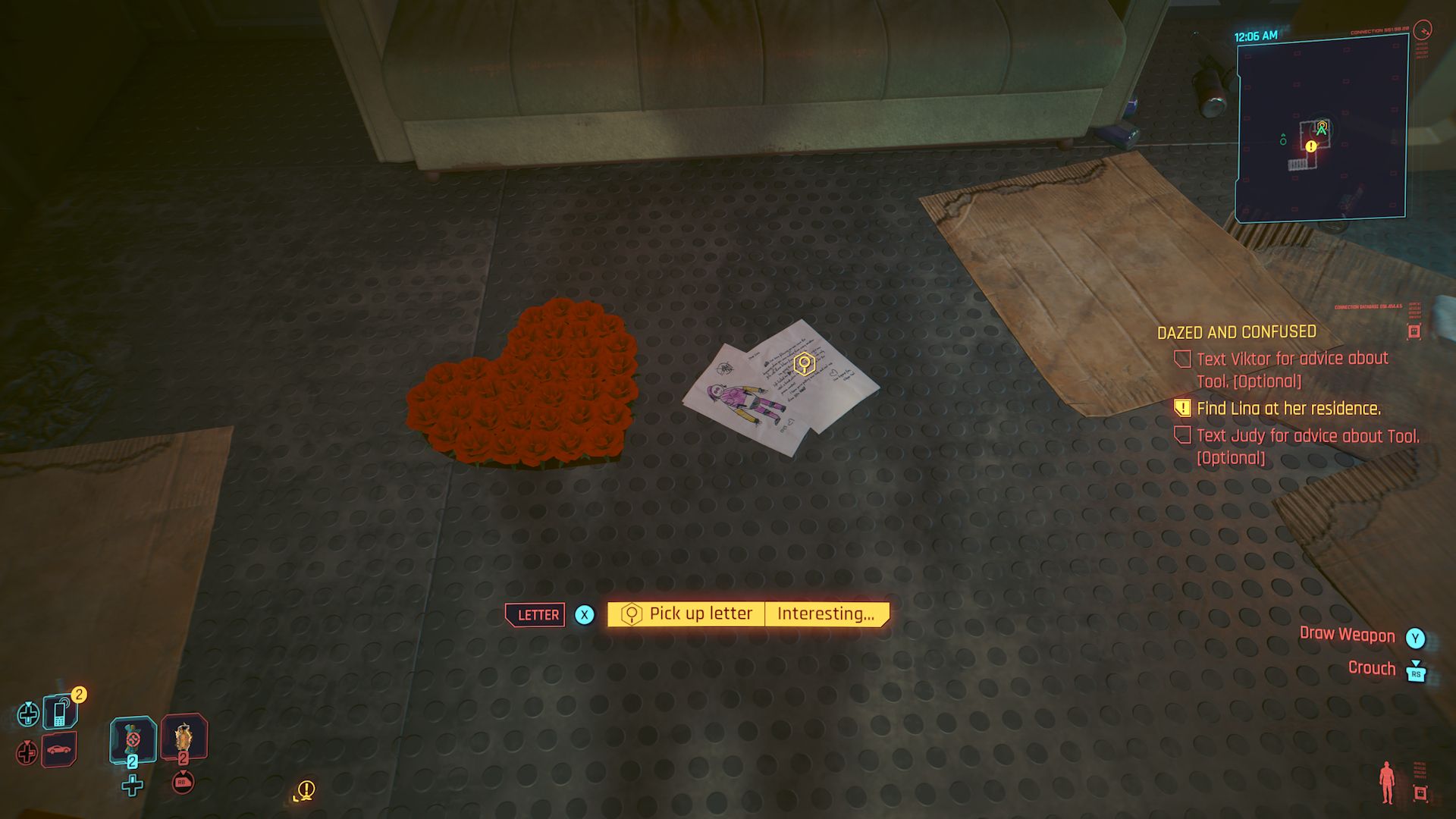 Cyberpunk 2077 Phantom Liberty Screenshot Of Picking Up Letter On The Floor. It's next to a heart