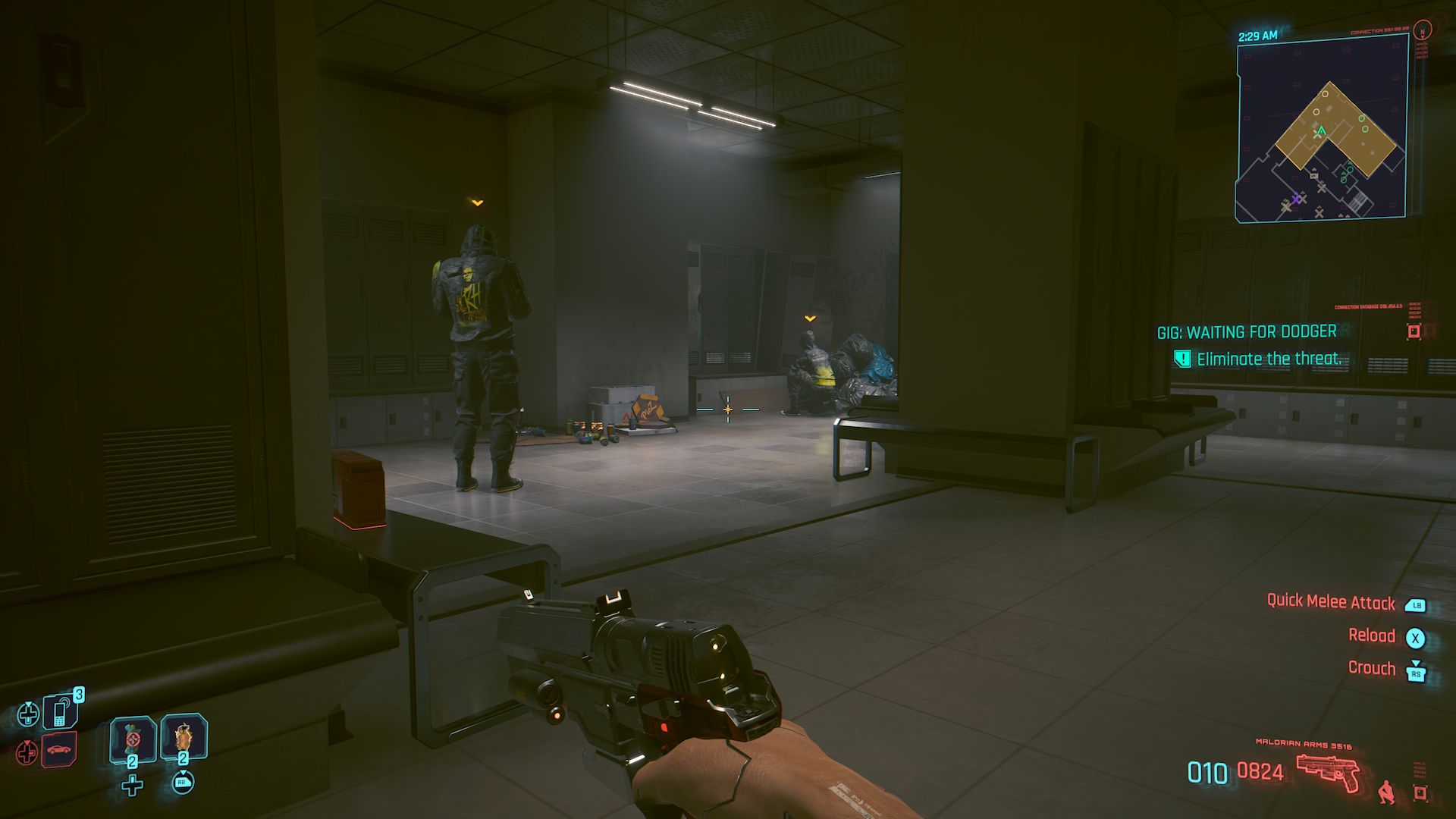 Cyberpunk 2077 Phantom Liberty Screenshot Of Player Sneaking Up To Two Enemies In Locker Room