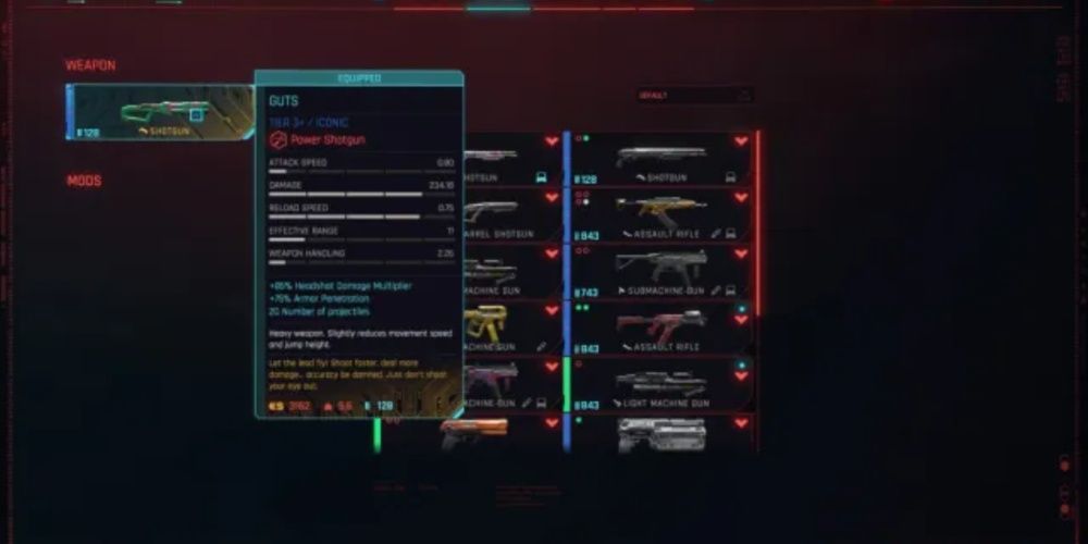 Cyberpunk 2077, Screenshot Of Rebecca’s Shotgun Guts On The Inventory Screen