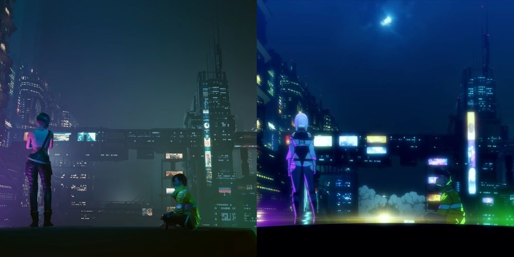 Cyberpunk 2077, Split Images Of Lucy’s Rooftop From The Game And Anime Respectively