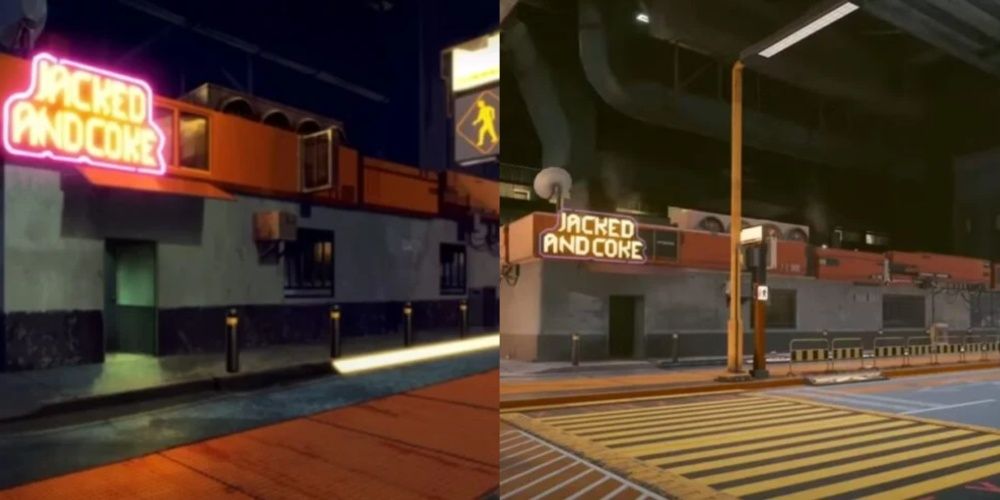 Cyberpunk 2077, Split Images Of The Jacked And Coke Bar In The Anime And Game