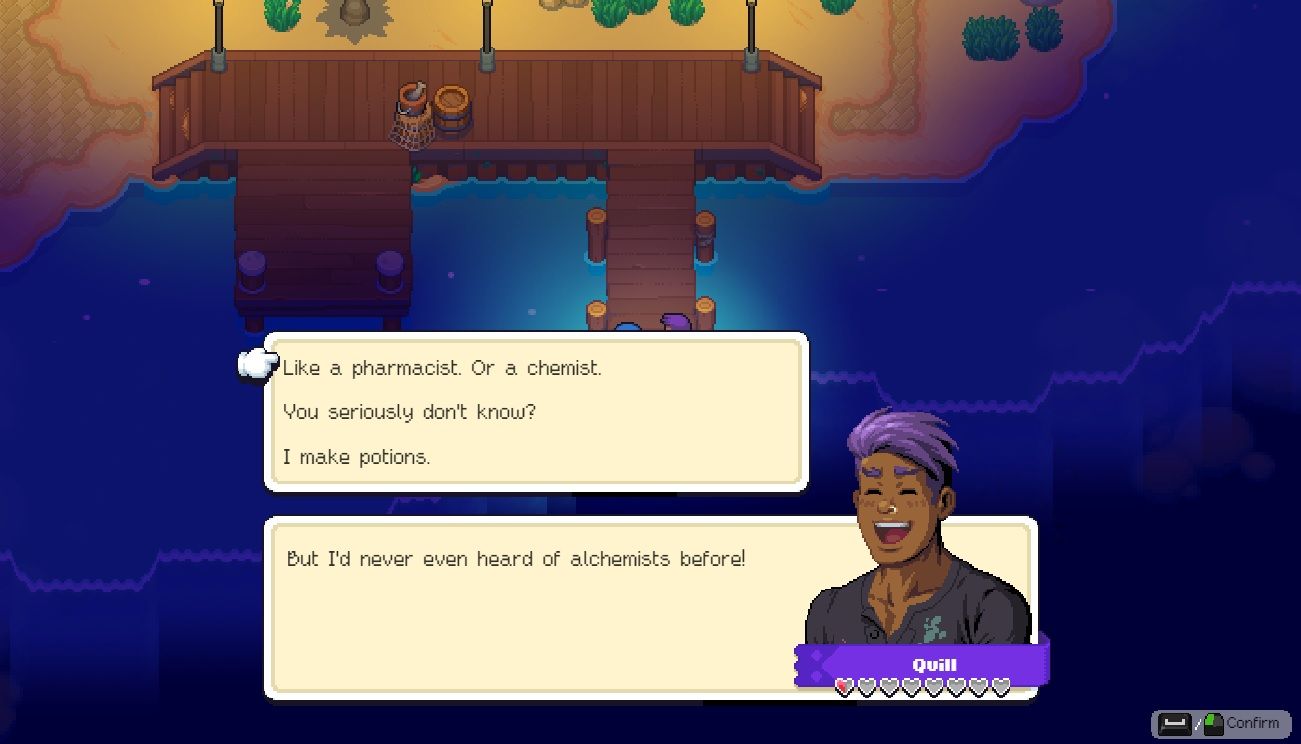 Player character having a date with Quill on the beach at night and he comments about not knowing what an alchemist is to the player in Moonstone Island.