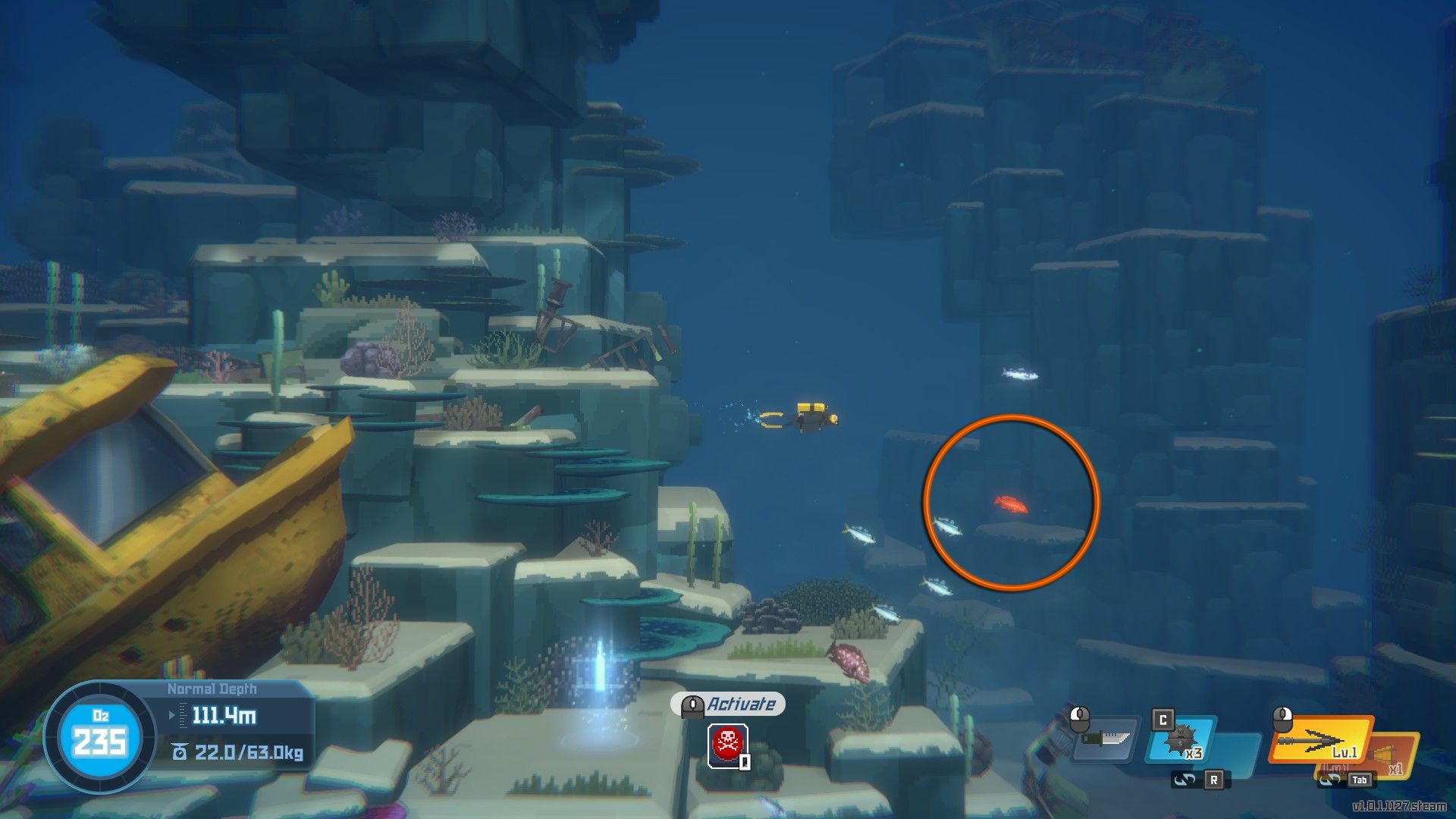 Dave the Diver near a Coral Trout with a circle indicating the trout.
