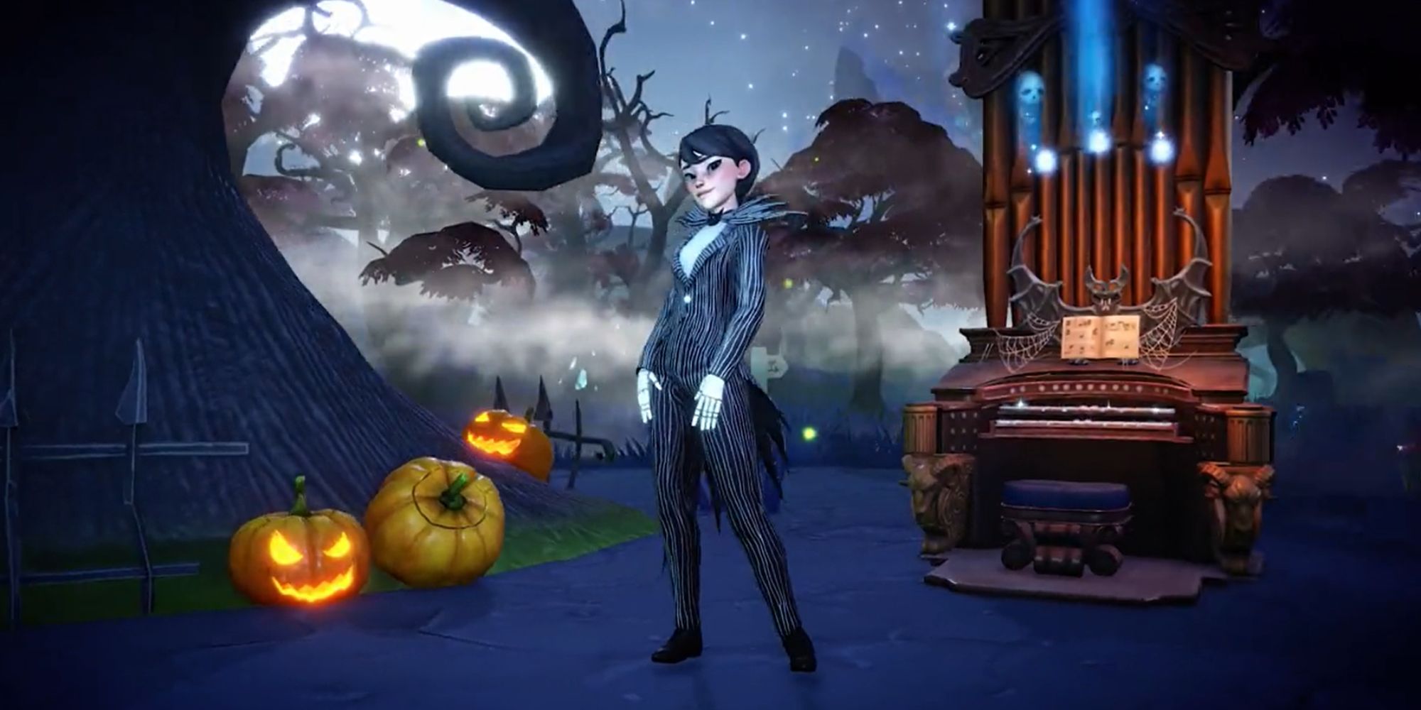 DDVDisney Dreamlight Valley player dressed as Jack Skellington in a spooky setting
