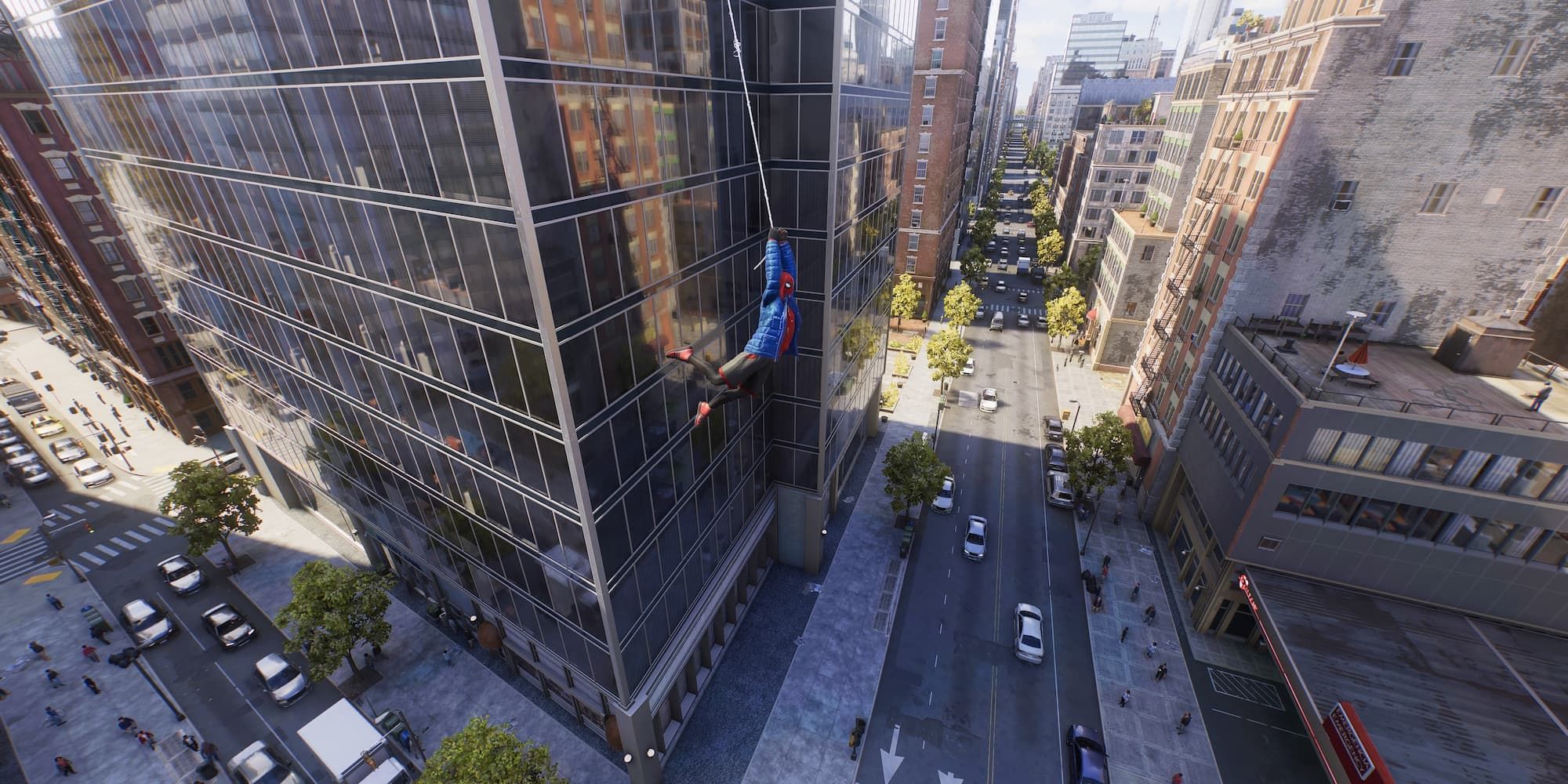 Miles swings through New York after saving the city from crime and villainy in Spider-Man 2.