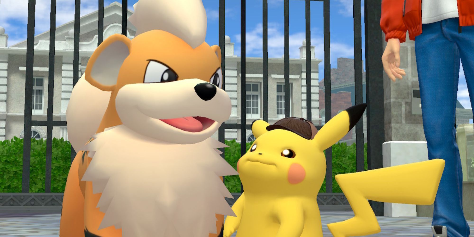 Detective Pikachu looks up at Growlithe