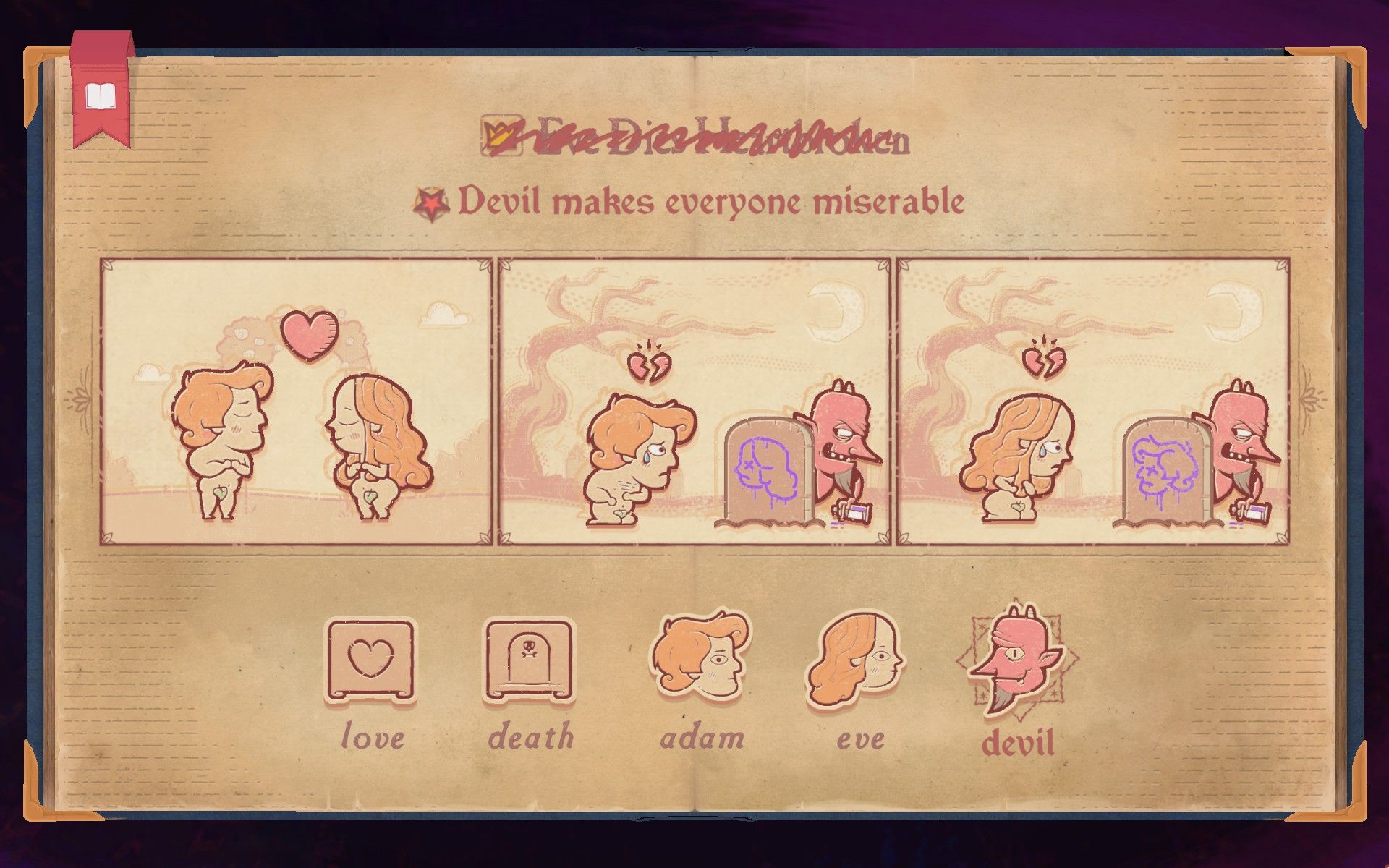 The solution to the devil section of Chapter 1 in Storyteller, showing the Devil aking everyone miserable.