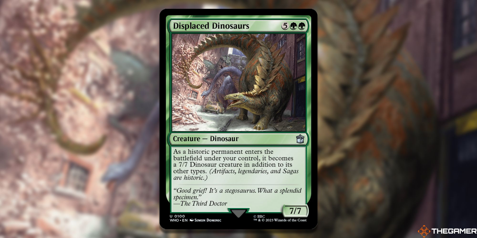 Image of the Displaced Dinosaurs card in Magic: The Gathering, with art by Simon Dominic