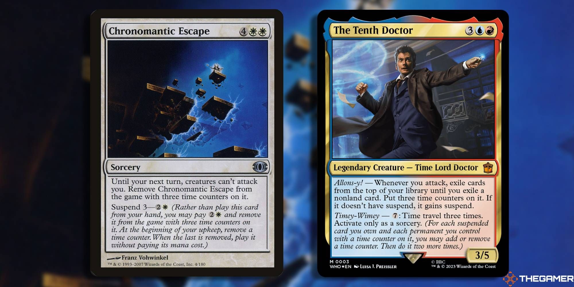 Image of the Chronomantic Escape and The Tenth Doctor cards in Magic: The Gathering