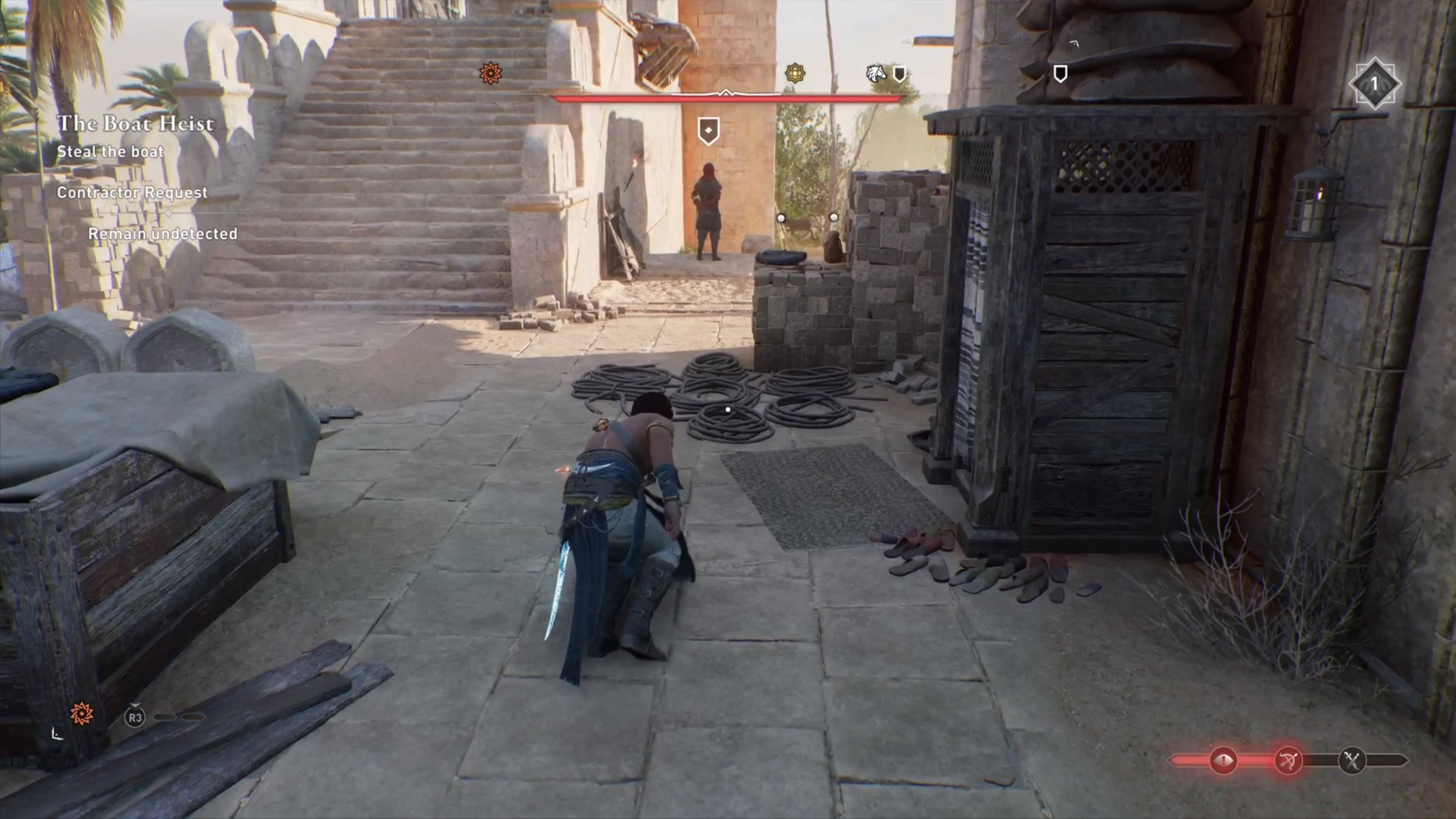 Basim is approaching guard hidden behind stairs in Assassin's Creed Mirage