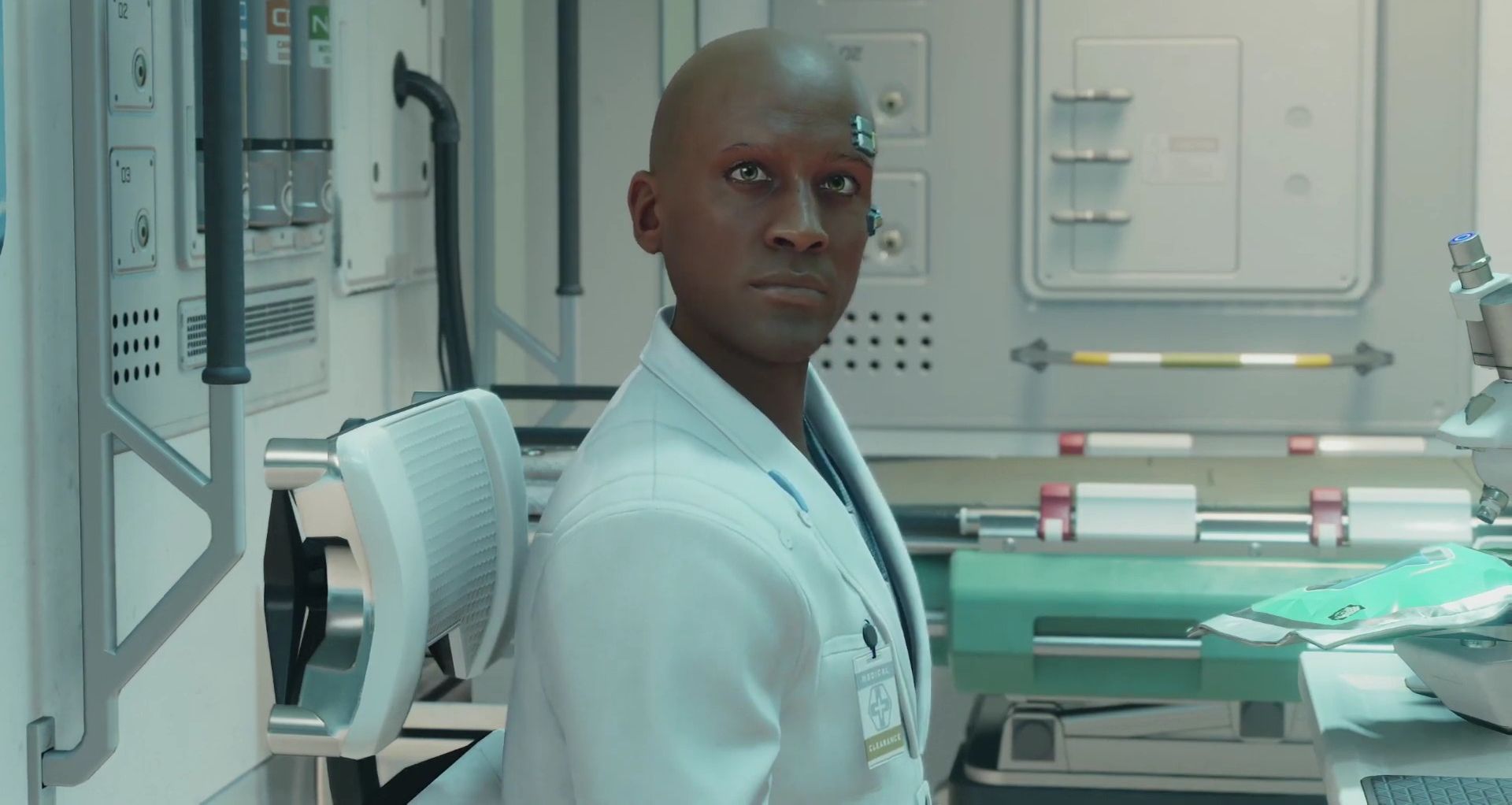 A player talking to Dr Kendrick Lamar at the Clinic in the Narion System in Starfield. 