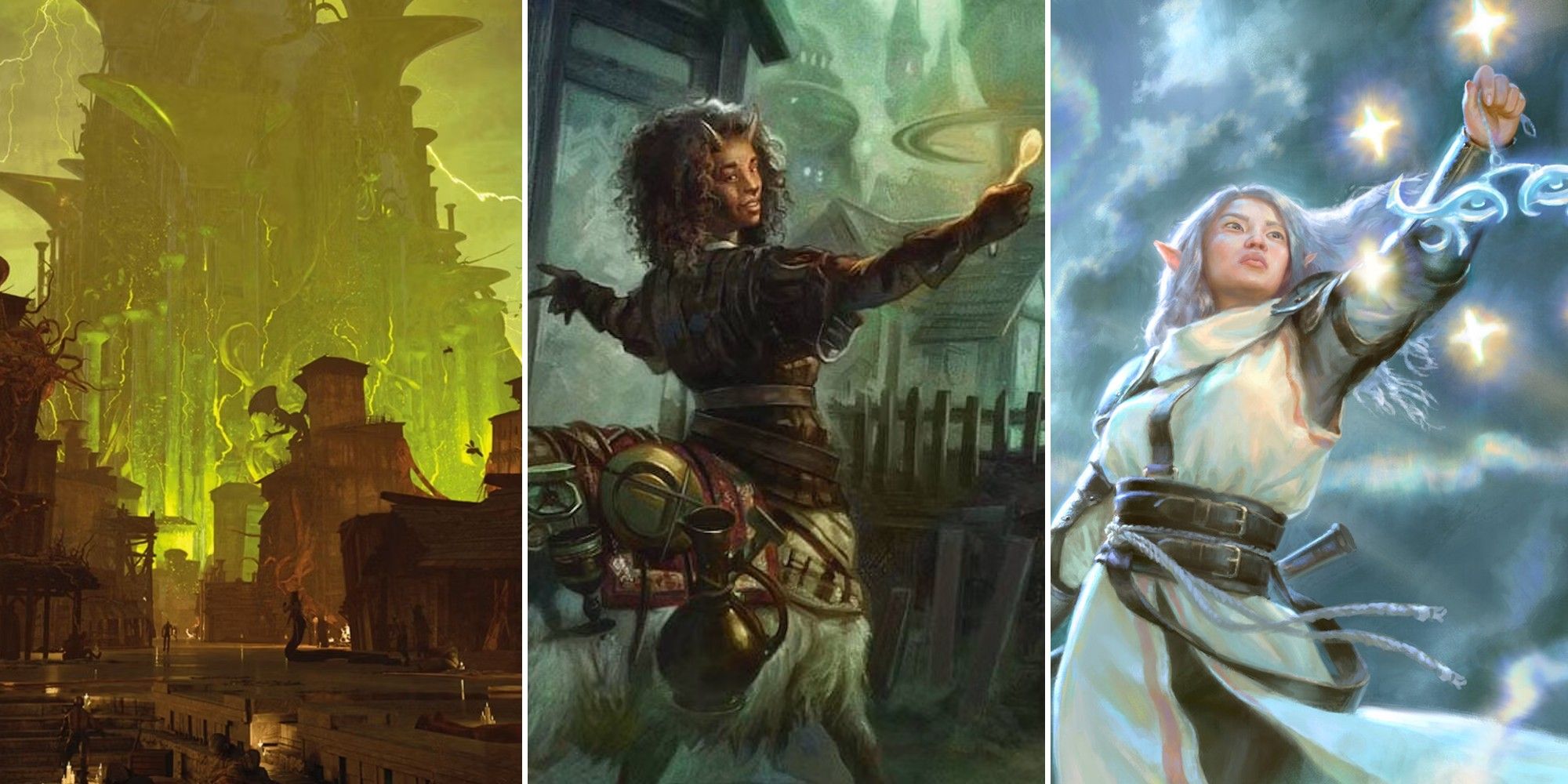 Dungeons & Dragons Collage Showing A Green Fortress, A Centaur And A Cleric