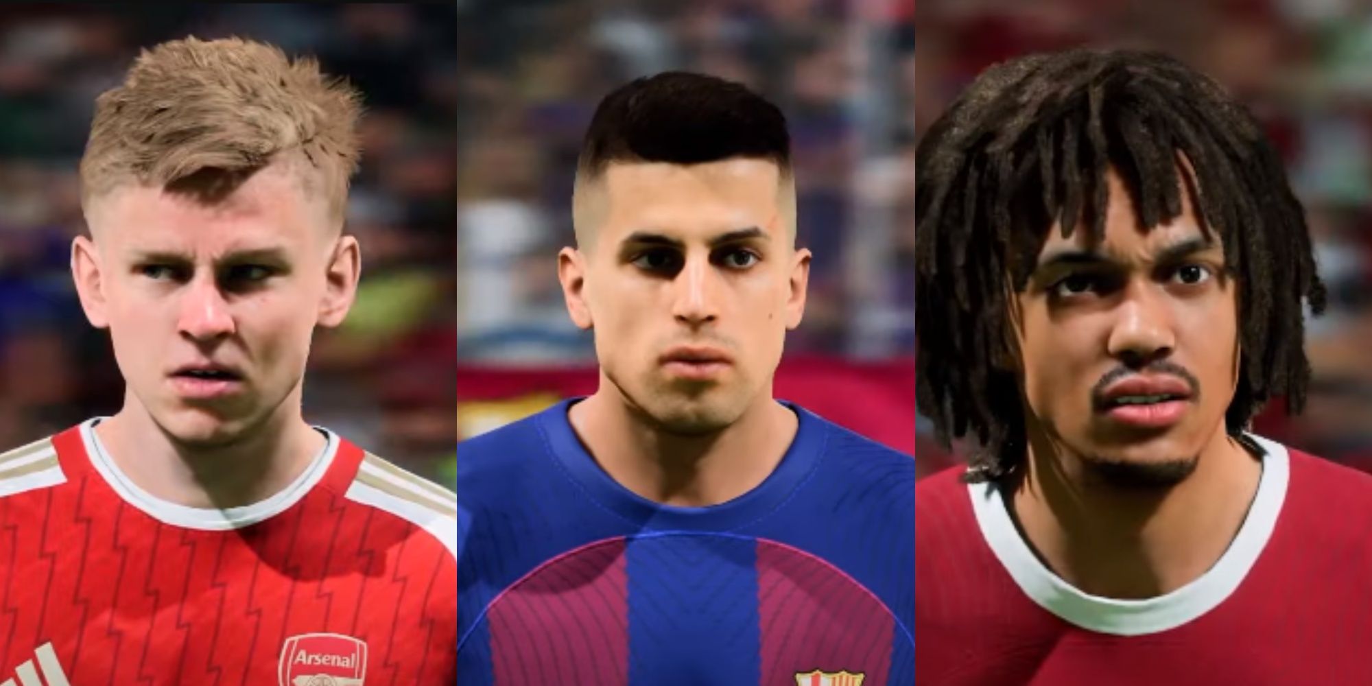 EA Sprts FC 24, Split Images Of Arsenal's Zinchenko, Barcelona's Cancelo, And Liverpool's Arnold