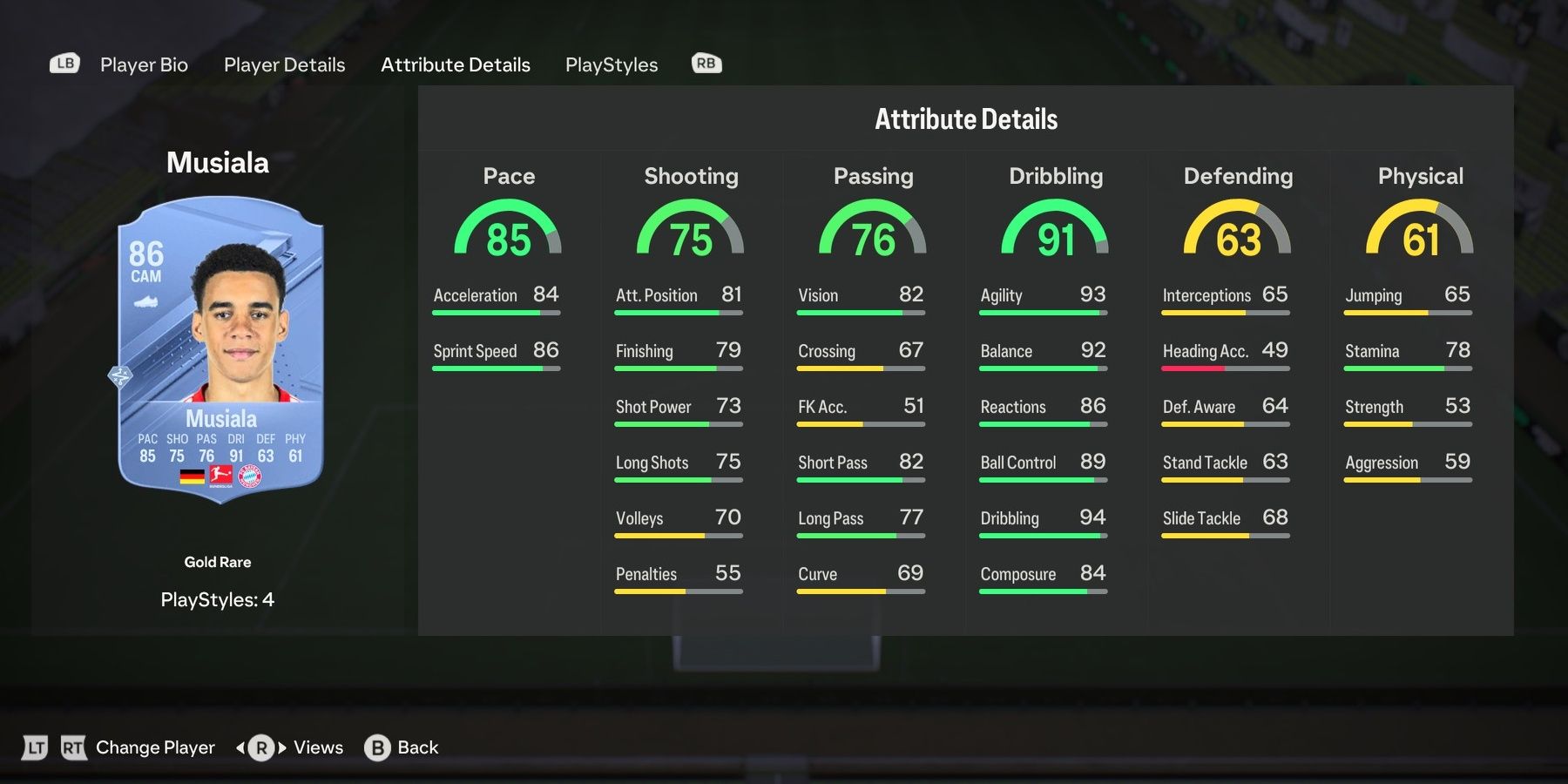 Jamal Musiala's attributes in EA Sports FC 24.