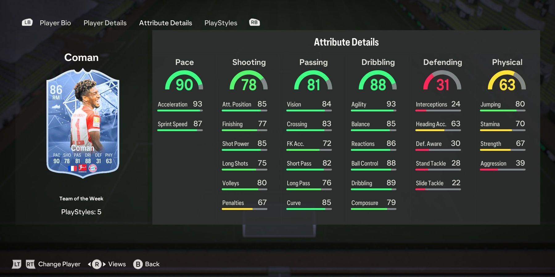 TOTW Kingsley Coman's attributes in EA Sports FC 24.