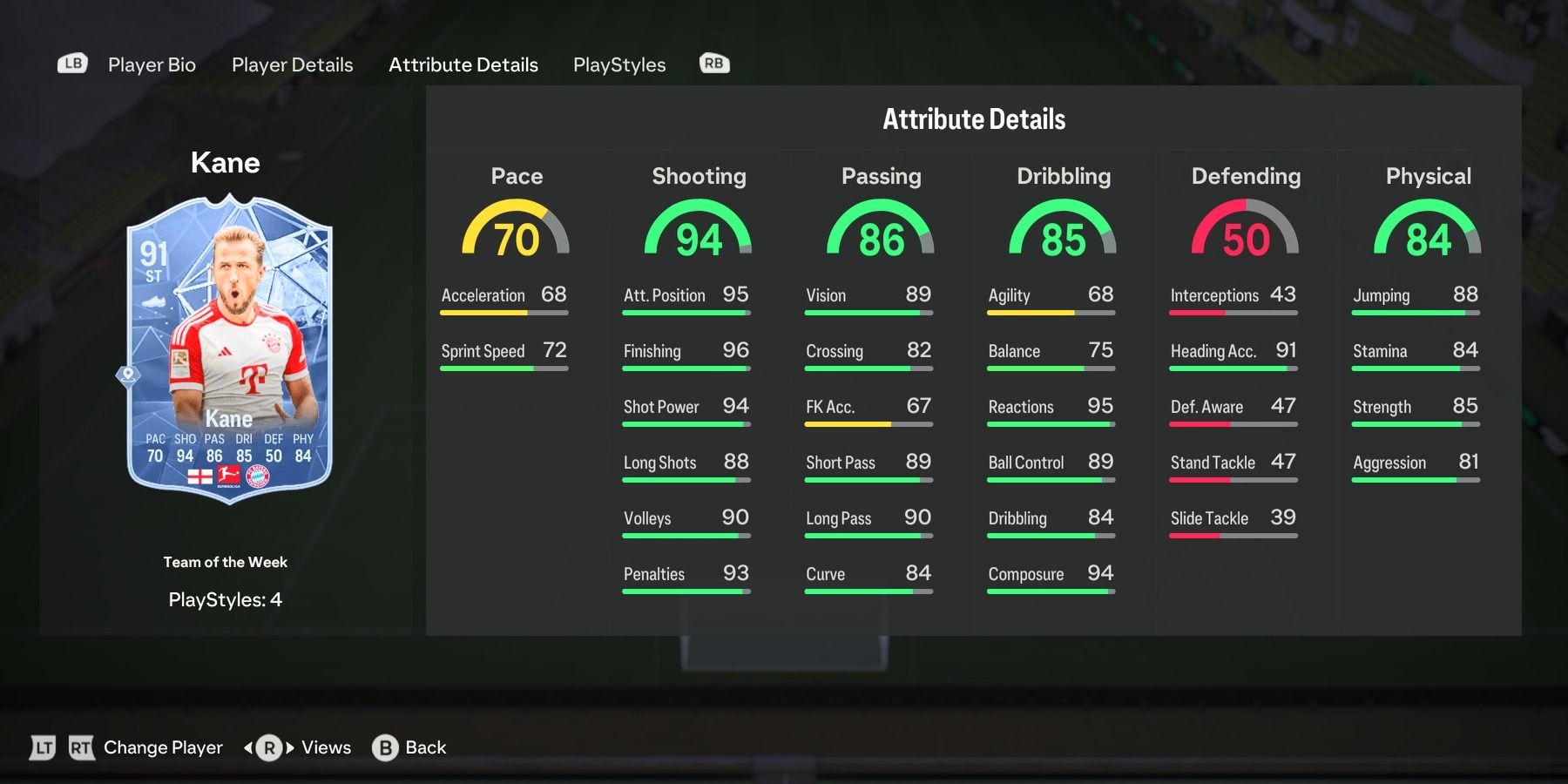 TOTW Harry Kane's attributes in EA Sports FC 24.