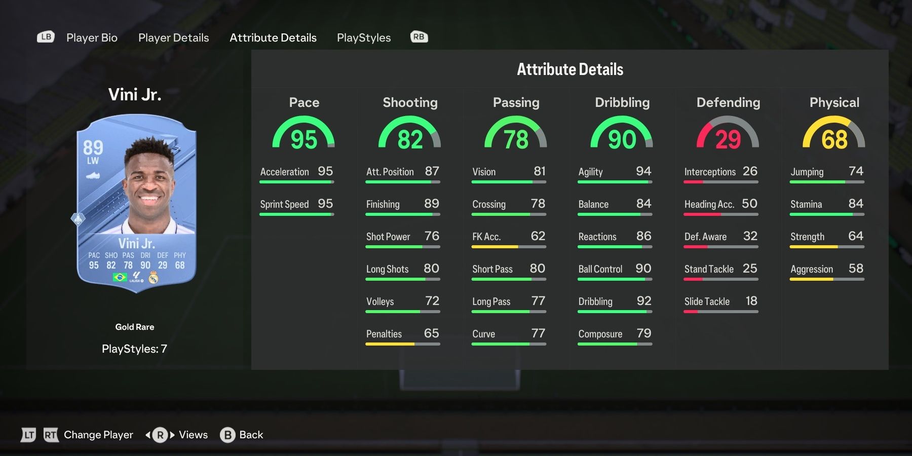 Vini Jr.'s attributes in EA Sports FC 24 Ultimate Team.