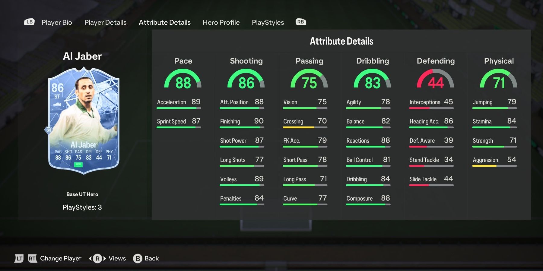 Hero Sami Al Jaber's card attributes in EA Sports FC 24.