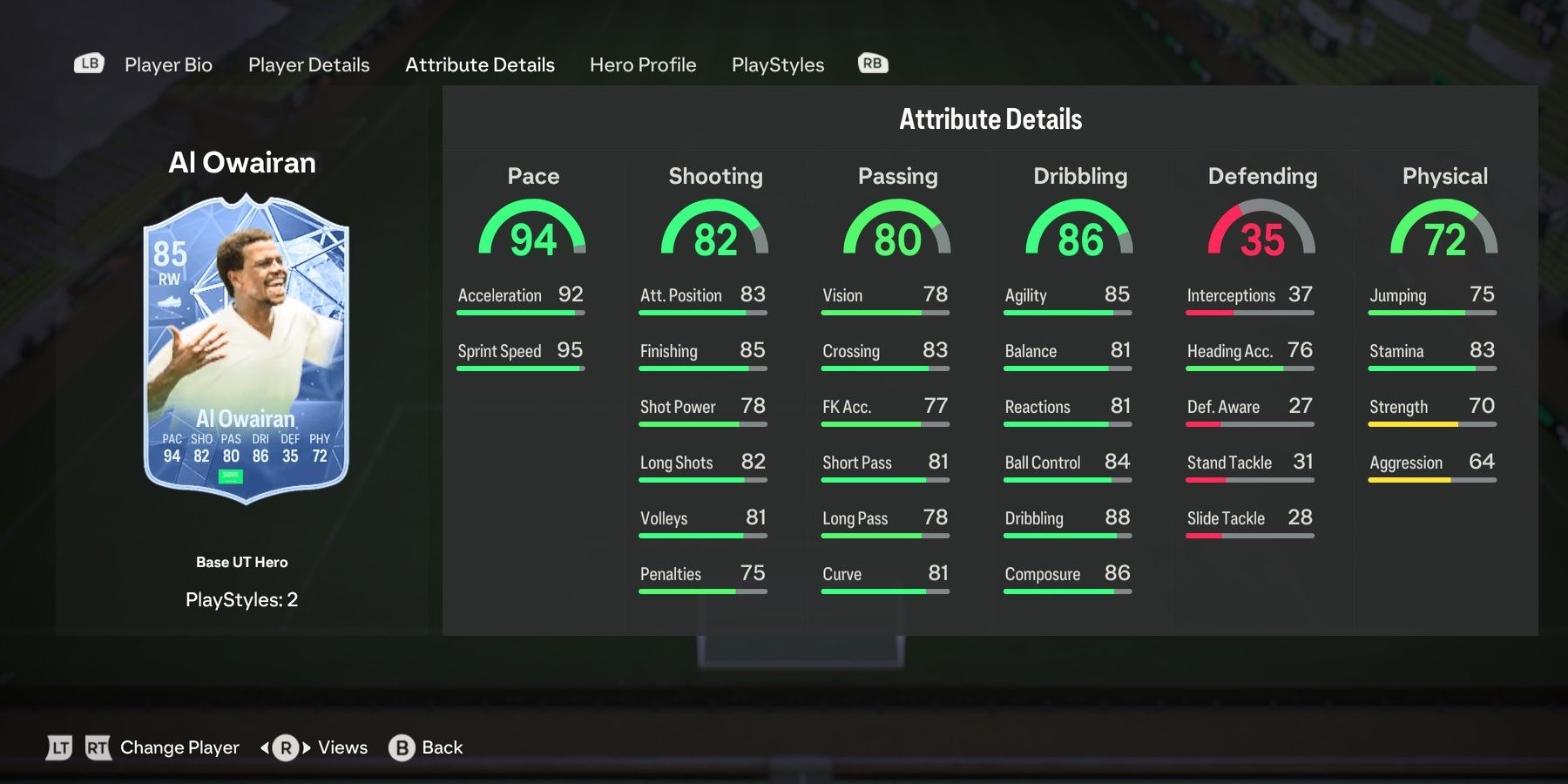 Hero Saeed Al Owairan's card attributes in EA Sports FC 24.