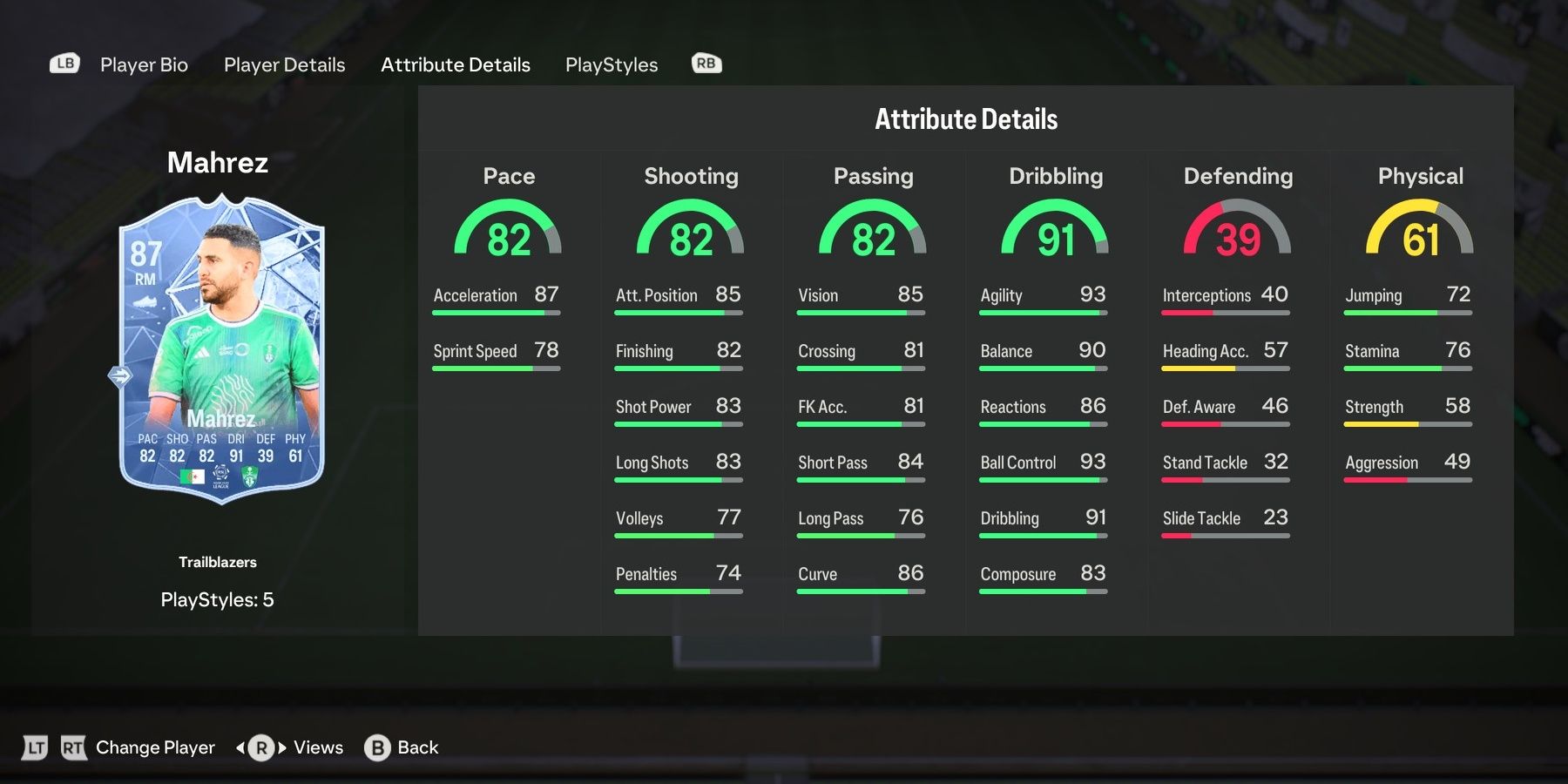 Trailblazers Riyad Mahrez's card attributes in EA Sports FC 24.
