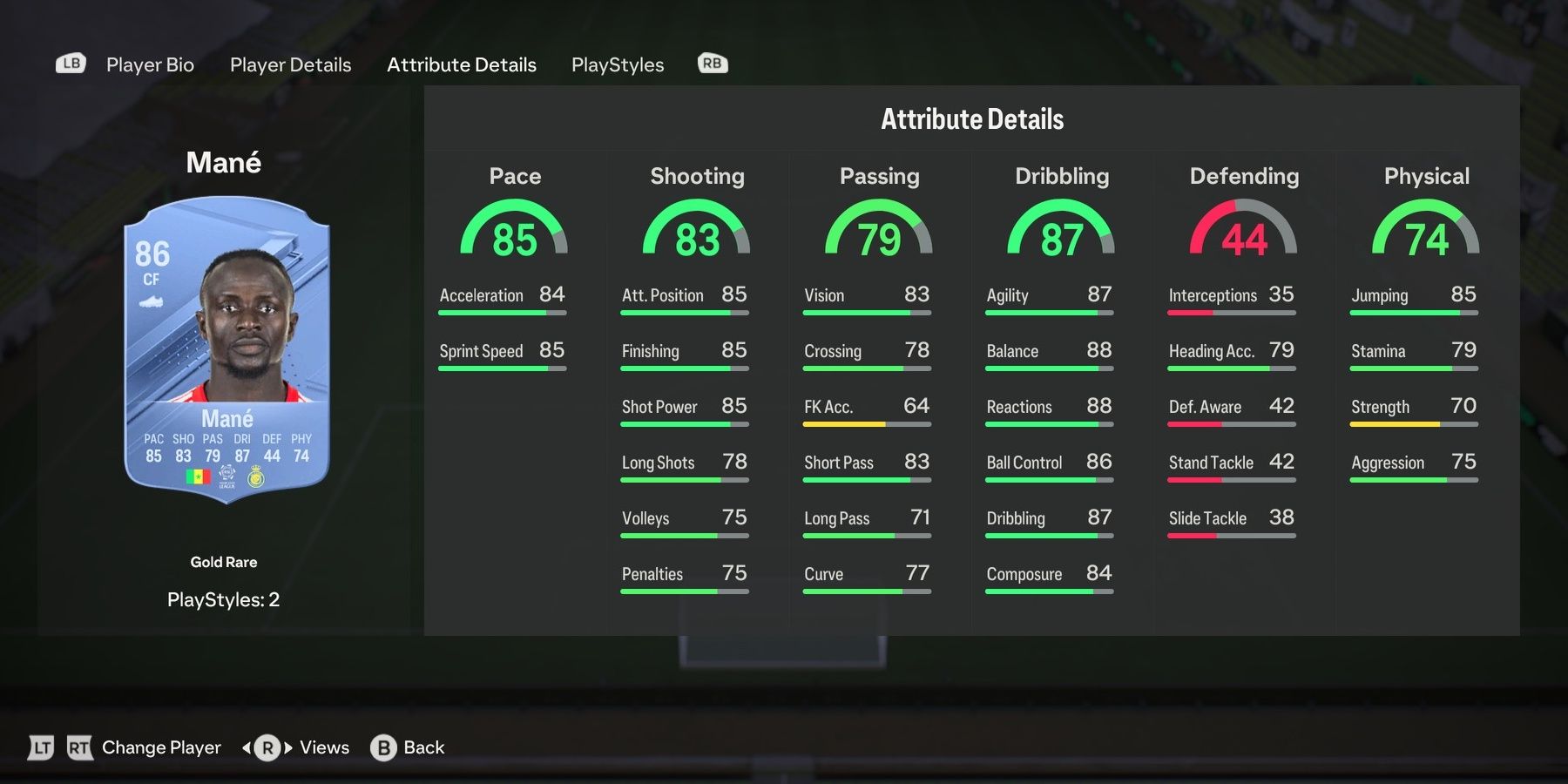 Sadio Mane's card attributes in EA Sports FC 24.