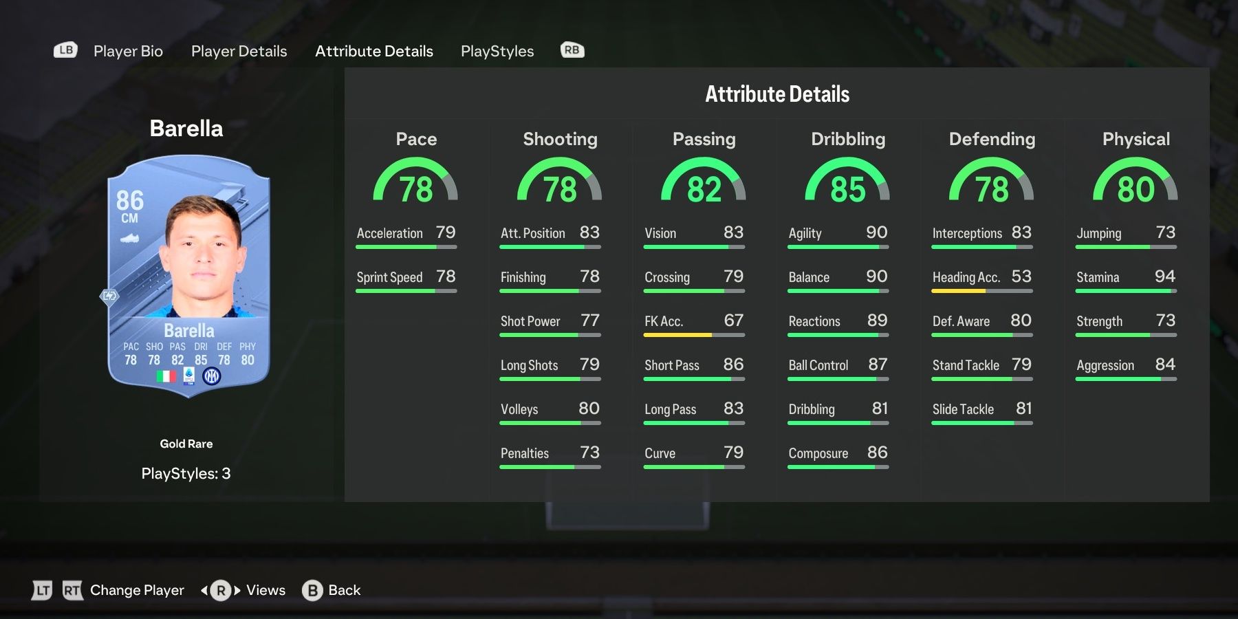Nicolo Barella's card attributes in EA Sports FC 24.