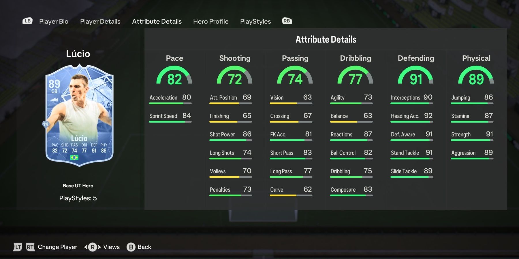 Heroes Lucio's card attributes in EA Sports FC 24.