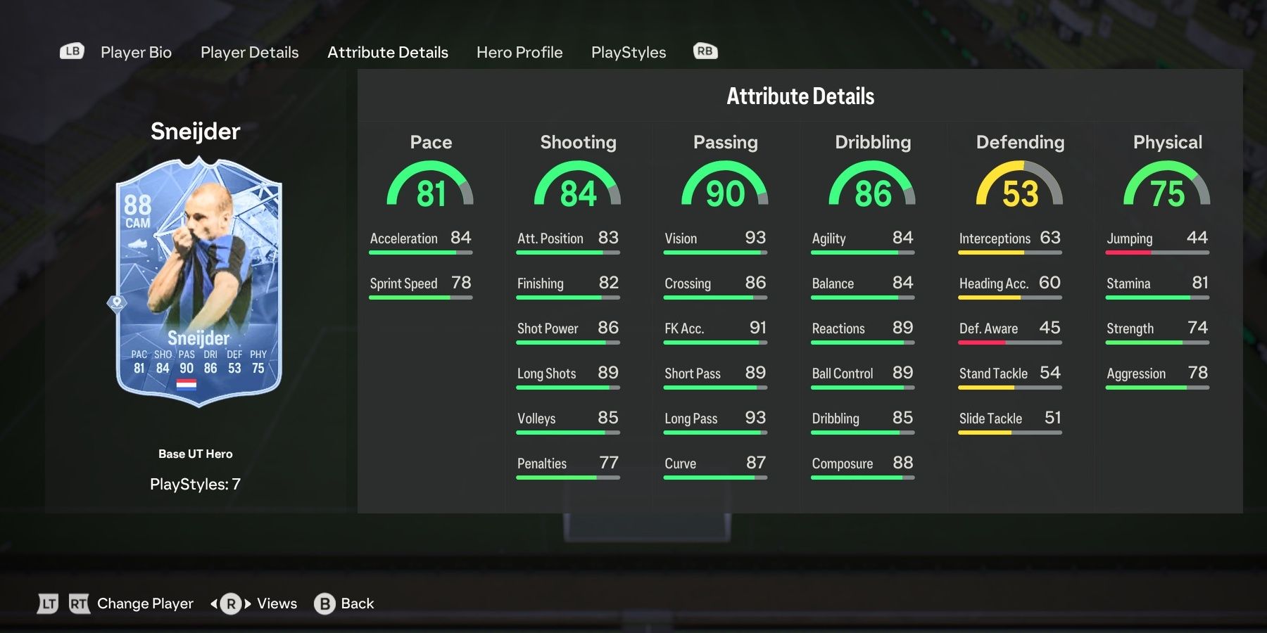 Heroes Wesley Sneijder's card attributes in EA Sports FC 24.