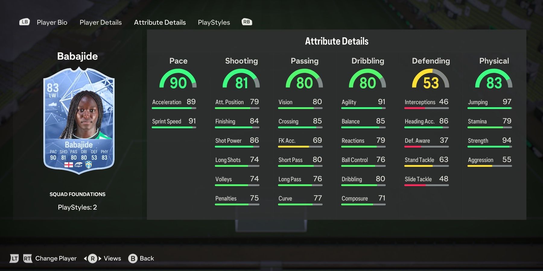 Rinsola Babajide's Squad Foundations attributes in EA Sports FC 24.
