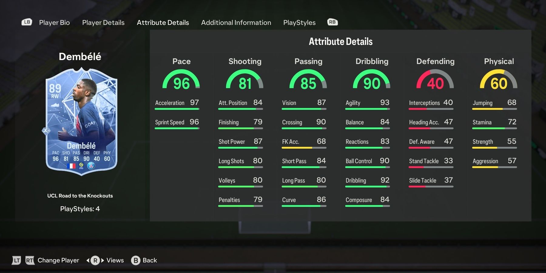 Ousmane Dembele's RTTK attributes in EA Sports FC 24.