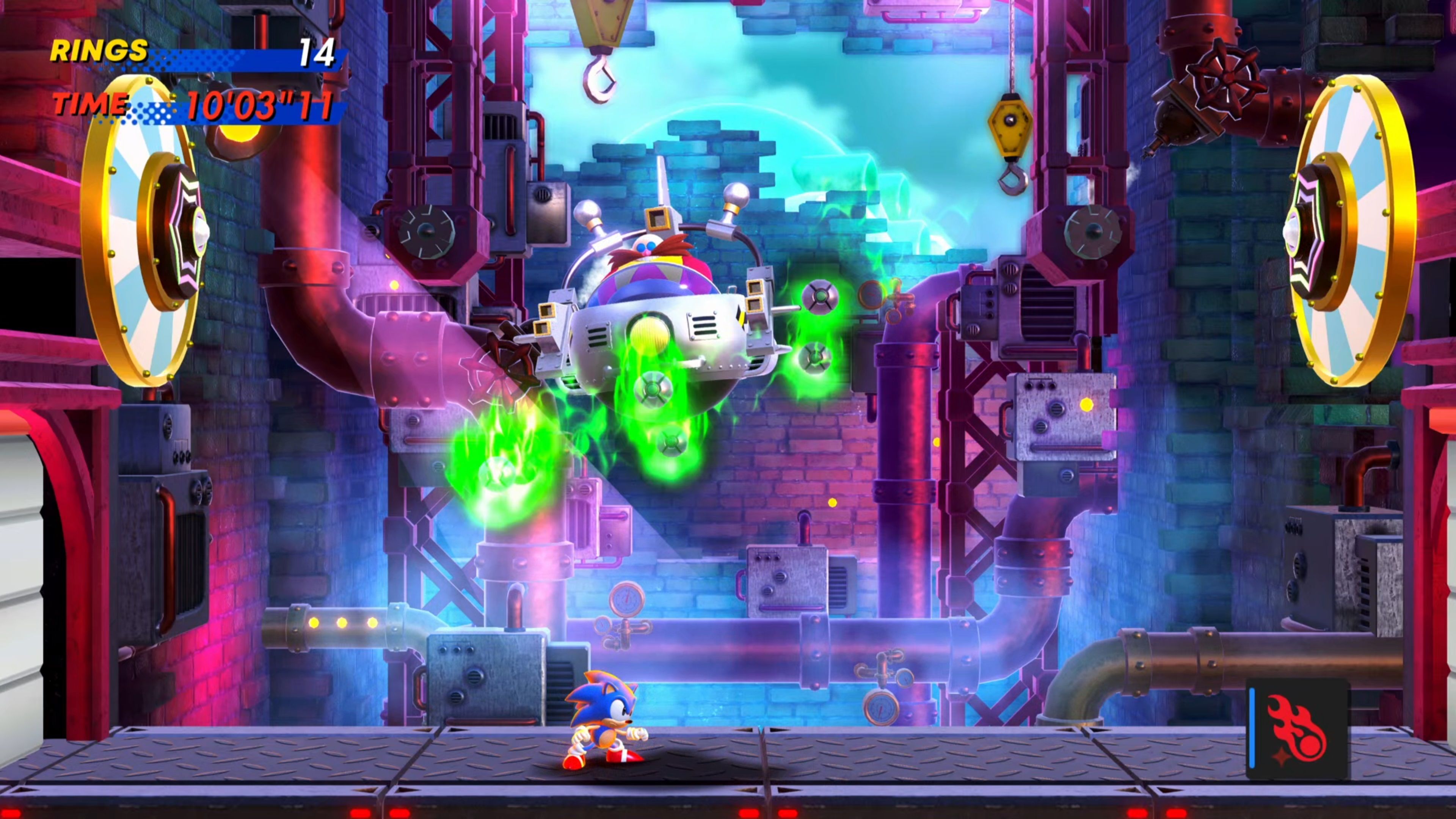 Sonic approaching Doctor Robotnic in the Pinball Carnival Stage in Sonic Superstars