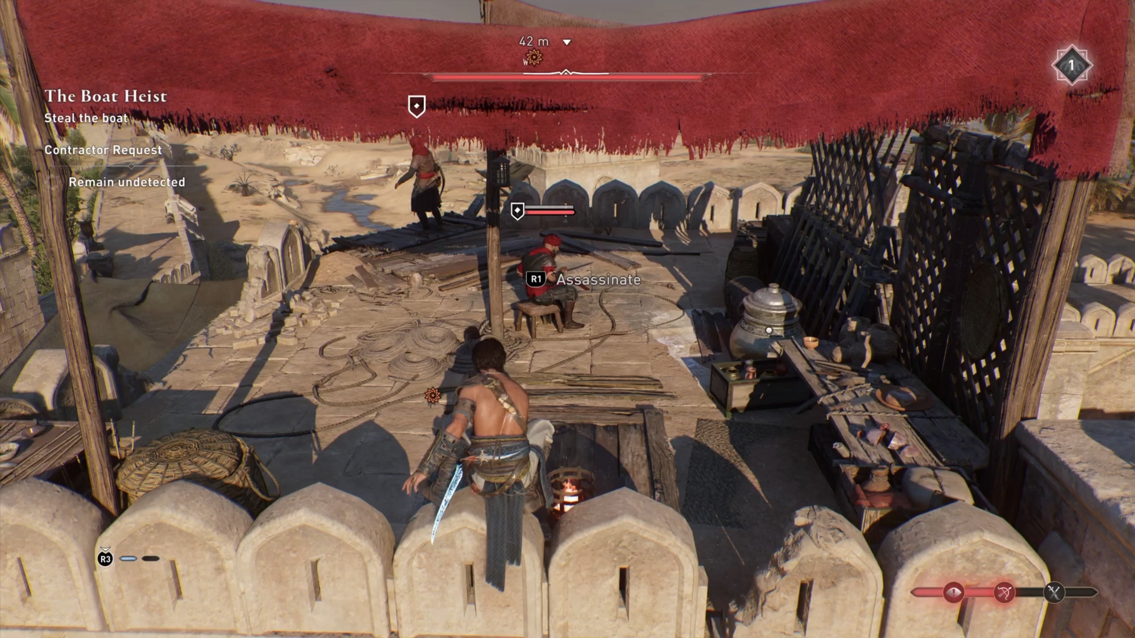Basim is about to eliminate guards posted at rooftop in Assassin's Creed Mirage