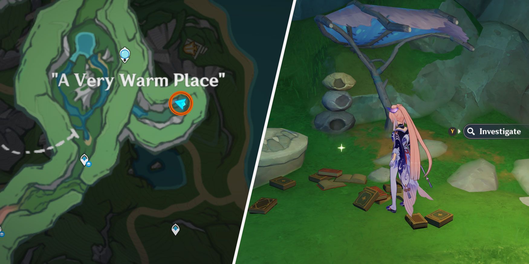 An image split in two. On the left, there is a map of Inside Elynas, a circle signaling where the Enigmatic Page is located. On the right, Sangonomiya Kokomi from Genshin Impact stands in front of some scattered books in a secret hideout in Merusea Village.