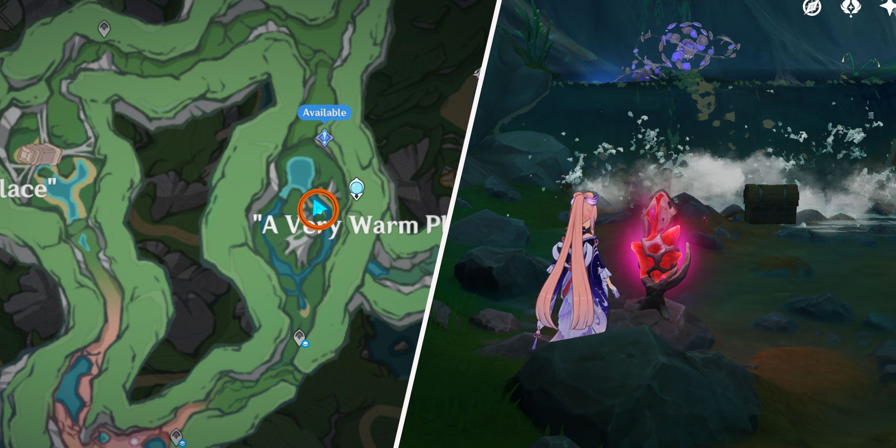 An image split in two. On the left there is a map of Elynas' remains, a circle mrking a location in "A Very Warm Place." On the right, Sangonomiya Kokomi from Genshin Impact stands in front of a mechanism, a few steps away from a chest.