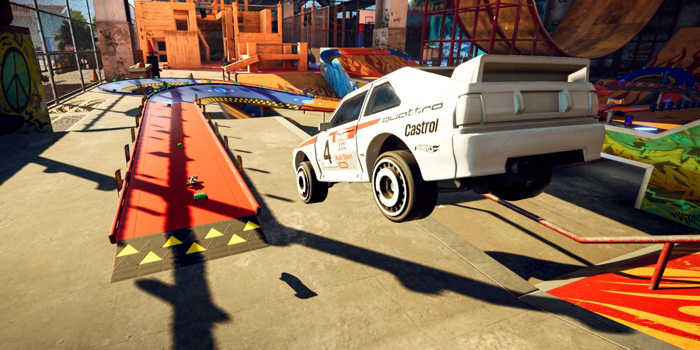 White Race Car Flying Through Air on Hot Wheels Track