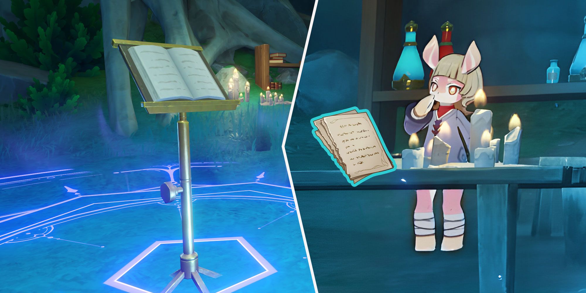 An image split in two. On the left, there is a close up of the Book of Esoteric Revelations. On the right, Canotila is seen in a thinking position. There is a transparent version of the Enigmatic Page in game icon overlaid on the image with a blue border.