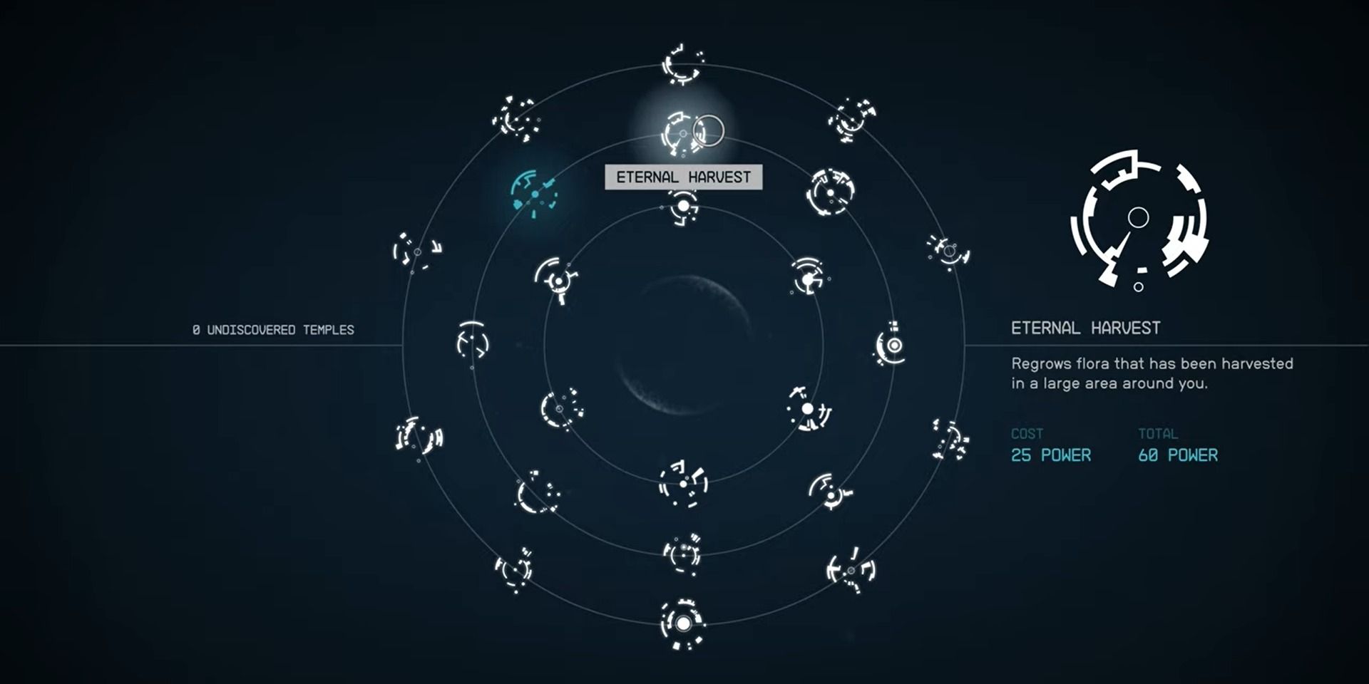 Menu view of Starfield's powers, highlighting Eternal Harvest
