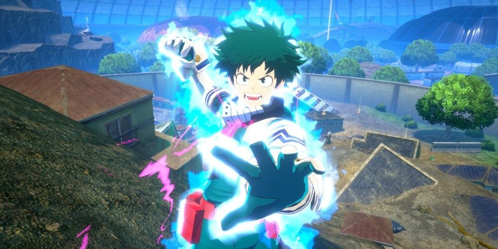 Izuku Midoriya jumping forward in My Hero Ultra Rumble.
