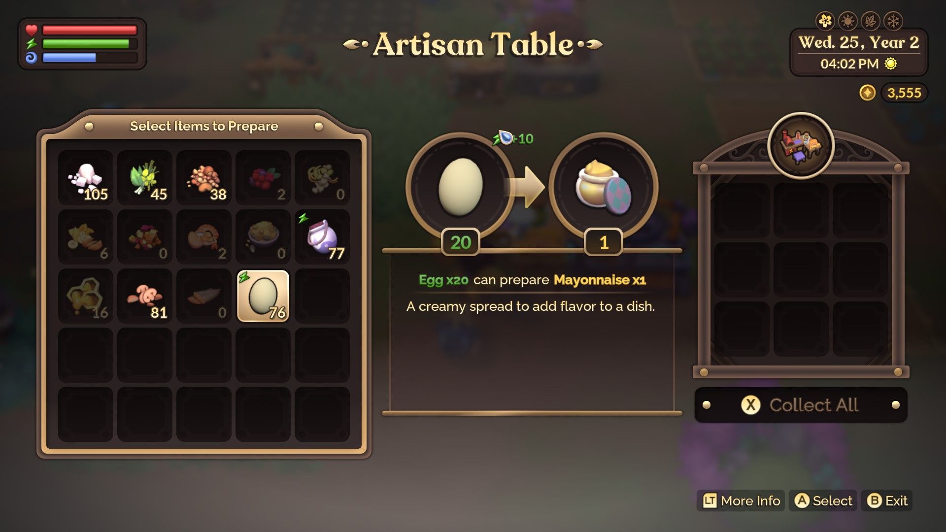 Fae Farm artisan table crafting menu interface. The item highlighted is an egg which shows will turn a quantity of 20 into one mayonnaise if processed in the artisan table.