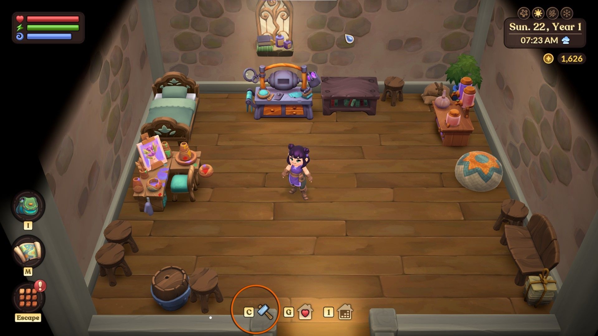 Fae Farm picture of an avatar standing in a house. The crafting icon is circled in orange.
