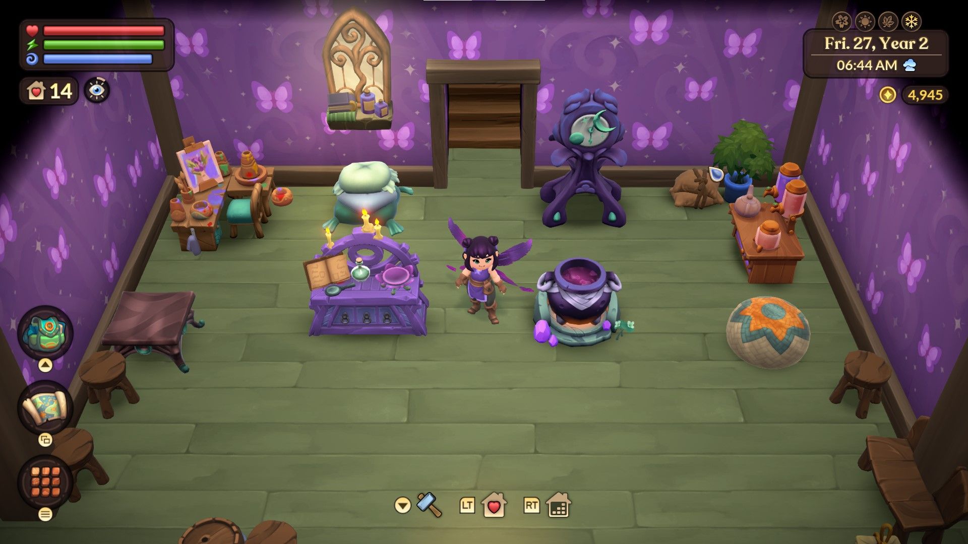 Fae Farm avatar standing between a Potion Ingredient Station and a Potion Brewing Cauldron.