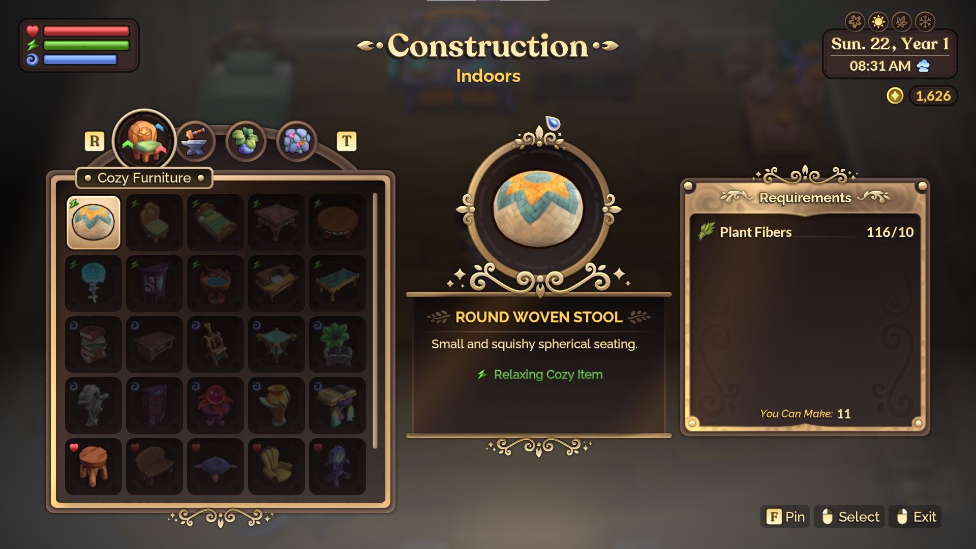 Fae Farm menu showing construction options for home furnishings.