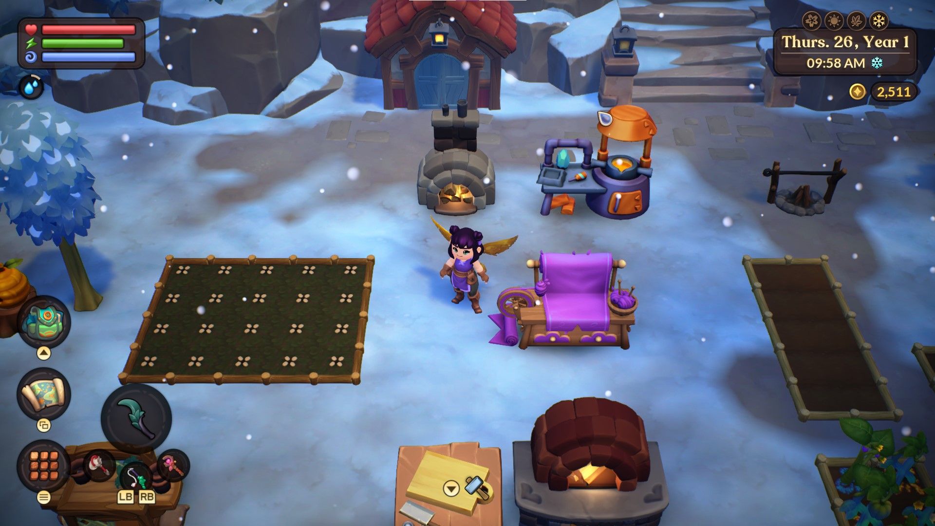 Fae Farm avatar standing near multiple crafting machines with a flower bed to the left.