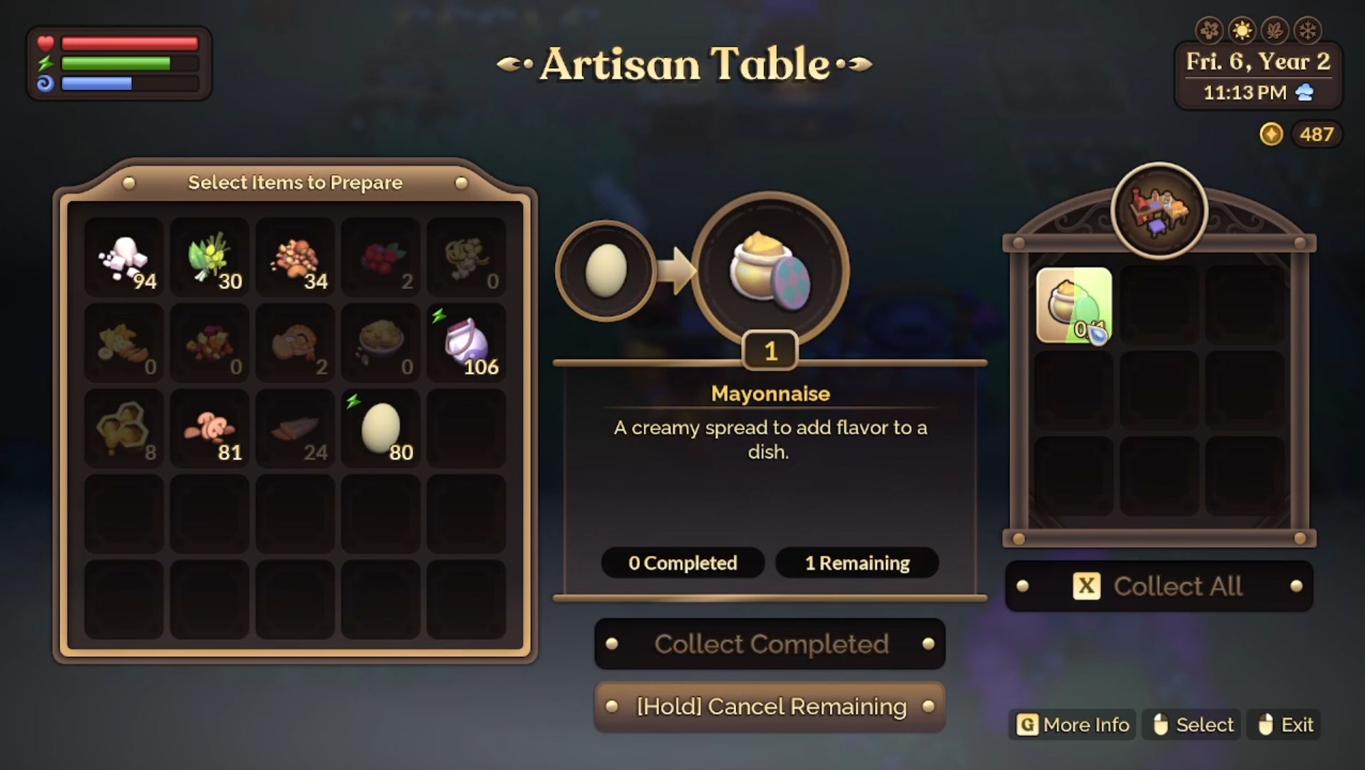 Fae Farm crafting menu for the artisan table with a product in the process of being created. There is a text bar in the lower middle portion of the screen that reads 'Hold Cancel Remaining'. 