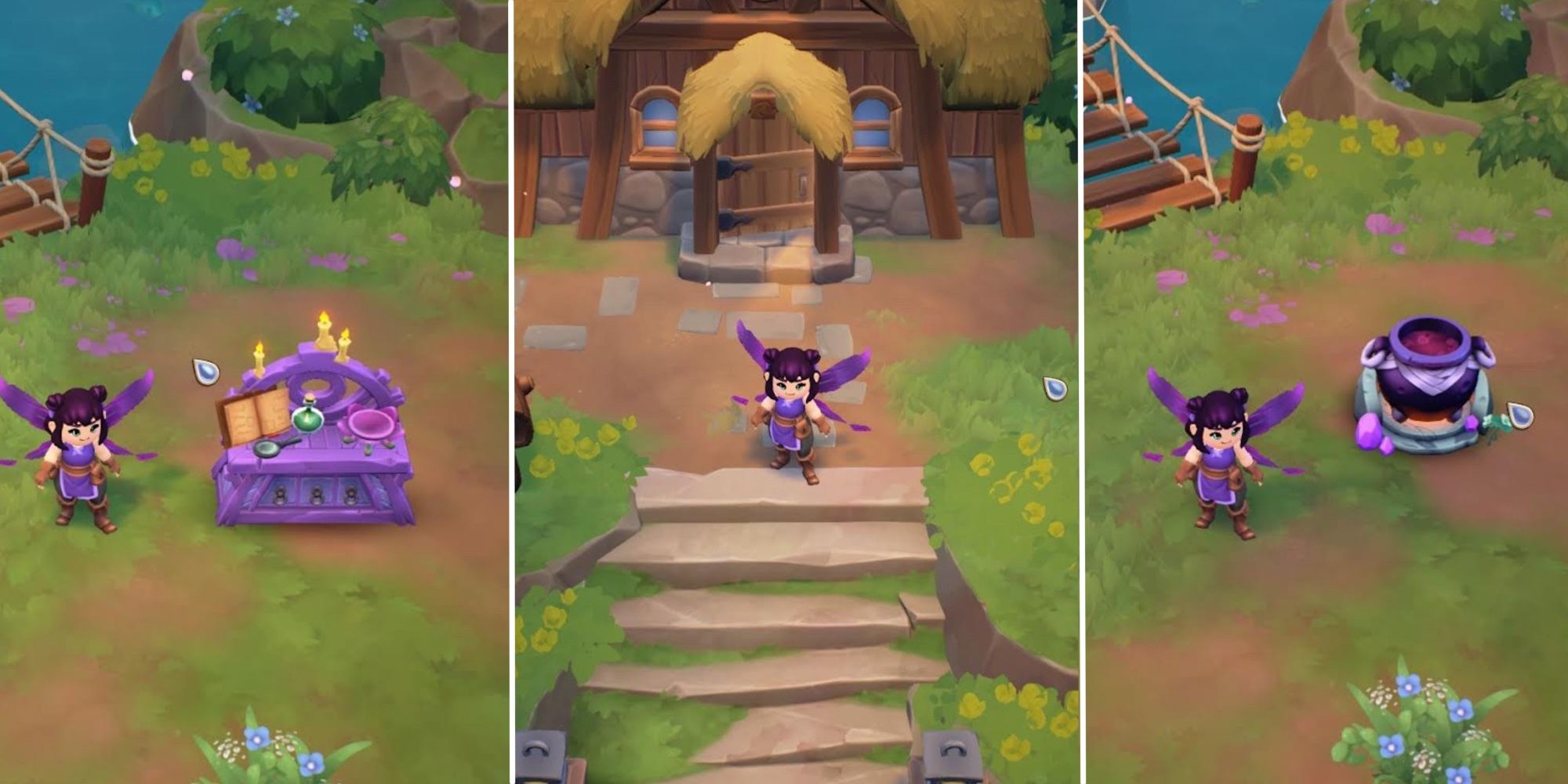 Fae Farm avatar in front of the homestead house in center picture. Left panel shows the avatar next to the Potion Ingredients Station, and the right panel shows the avatar next to the Potion Brewing Cauldron. The crafting stations are needed to process Frost Fuzz.