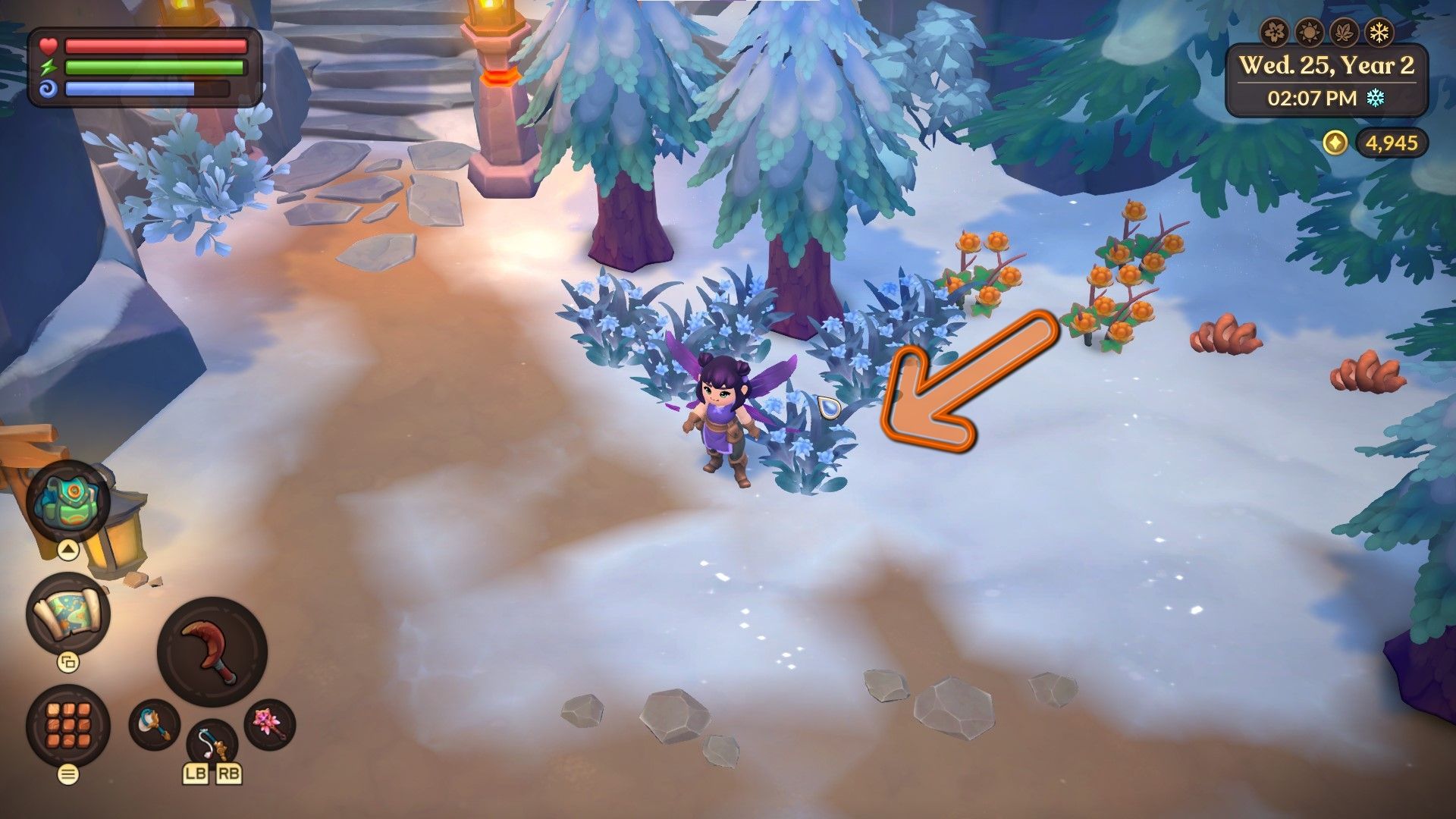 Fae Farm Frost Thistles in the Frozen Plateau next to an avatar. The thistles are pointed out by an orange arrow.