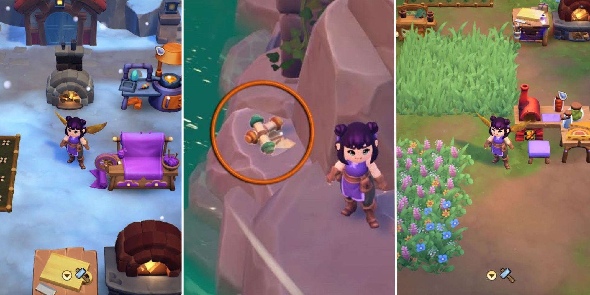 Fae Farm avatar in center panel with recipe scrolls circled in orange, an avatar with an artisan table in the right panel, and an avatar with a loom in the left panel.
