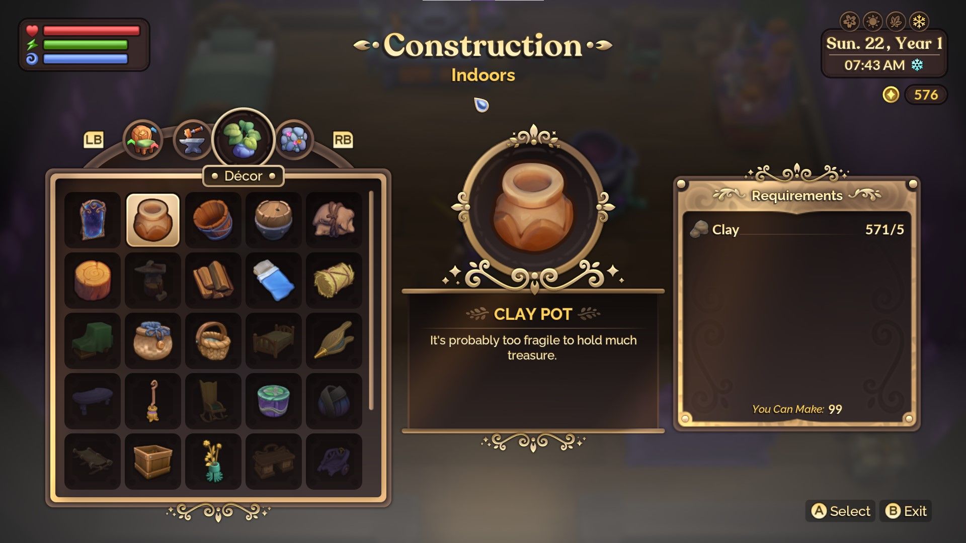 Fae Farm construction menu for crafting home decorations. The clay pot recipe is selected.