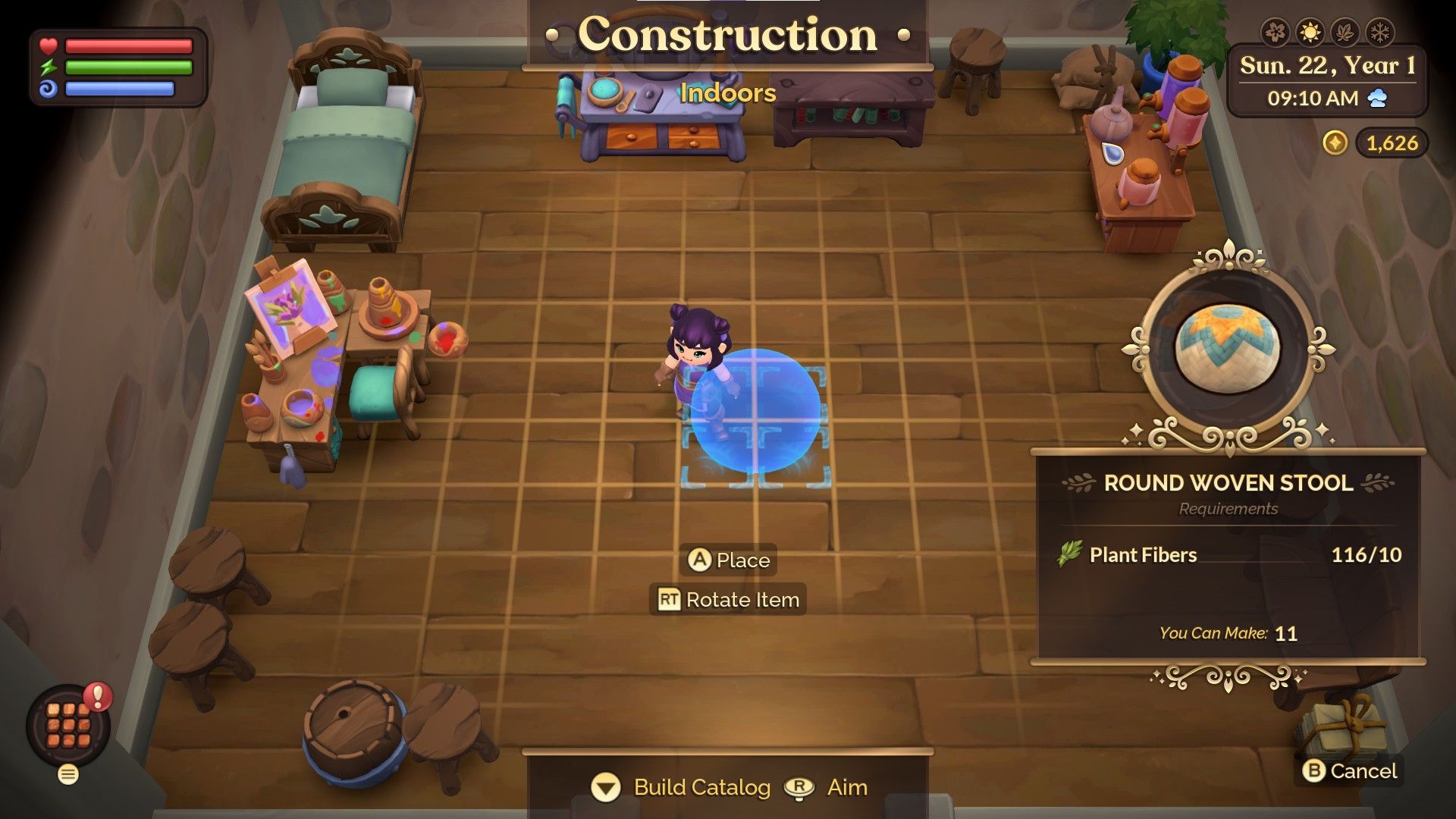 Fae Farm indoor crafting interaction showing an avatar trying to place an object through the construction menu.